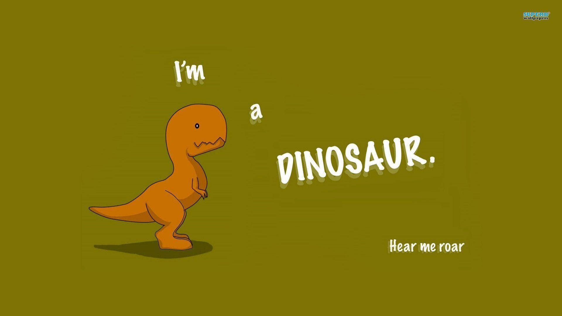 cartoon orange dinosaur, solid olive green background, playful white text, Full HD Desktop Wallpaper