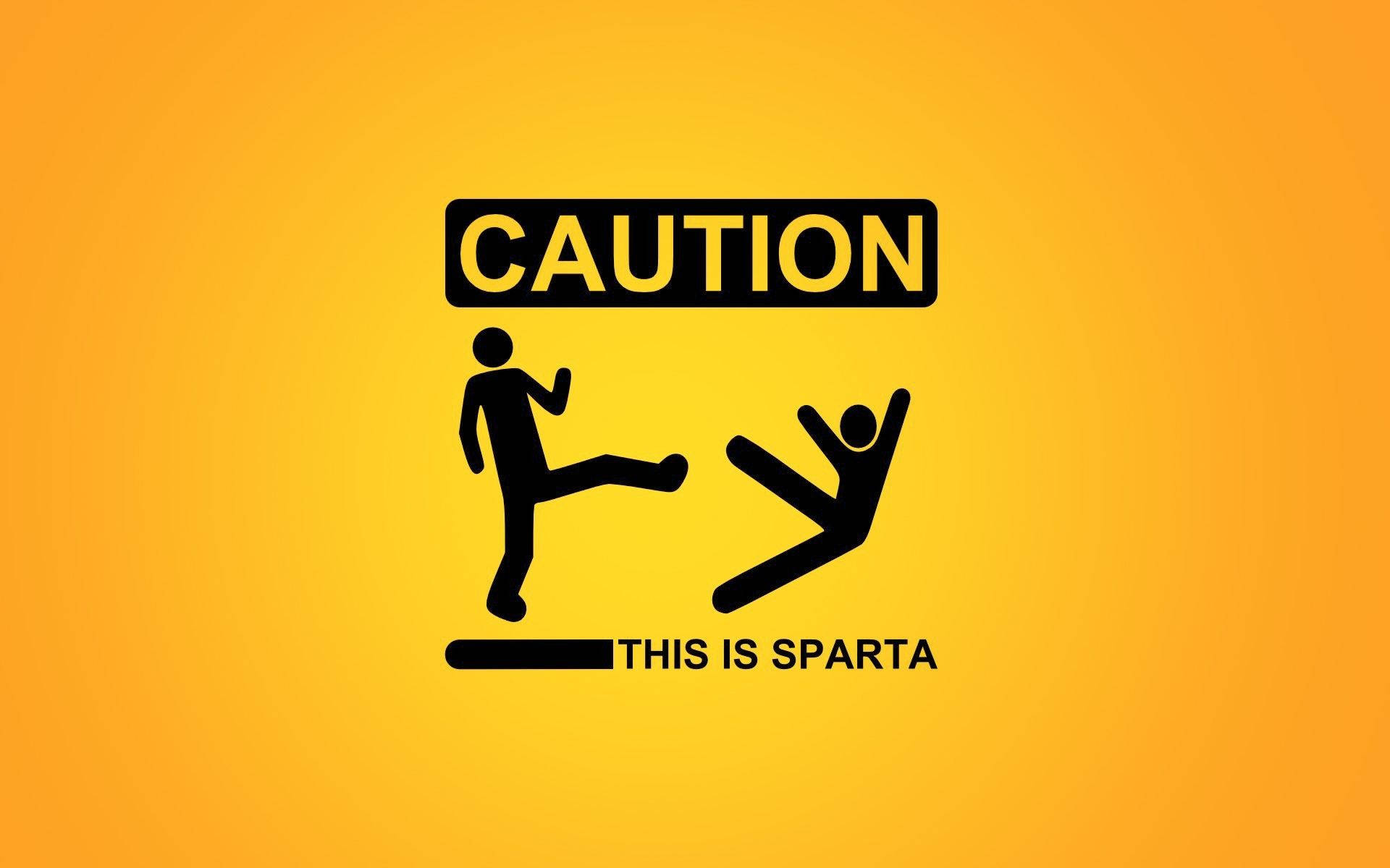 Spartan warrior, CAUTION sign, vibrant yellow gradient background, Full HD Desktop Wallpaper