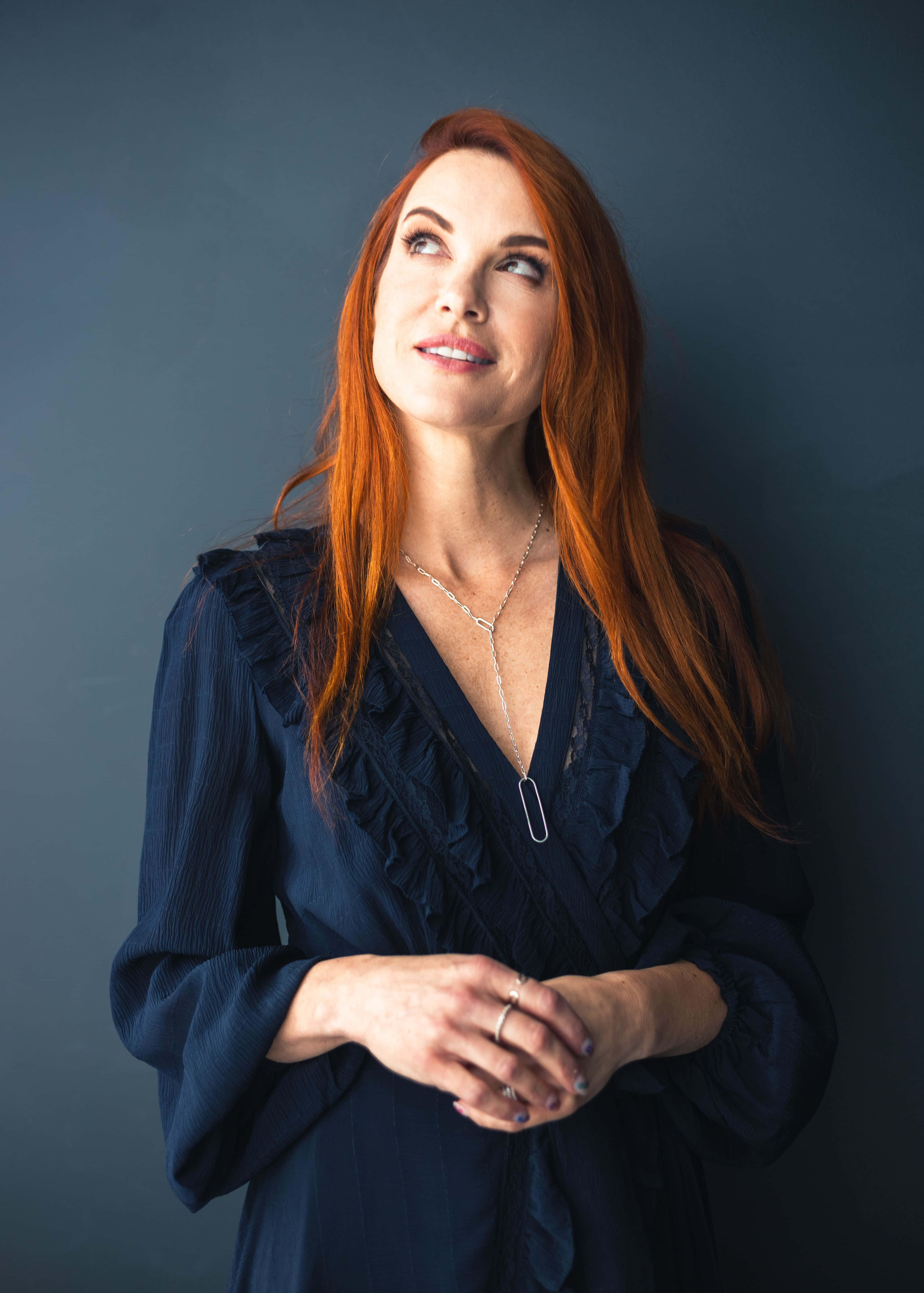 Danneel Ackles, vibrant red hair, dark blue dress, 5K Phone Wallpaper
