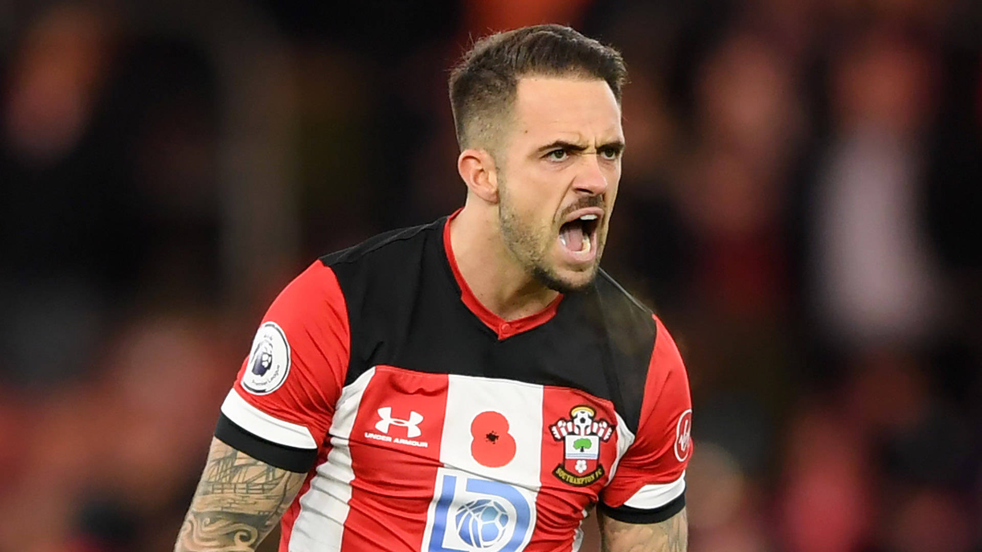 Danny Ings, red and black striped jersey, night match, Full HD Desktop Wallpaper