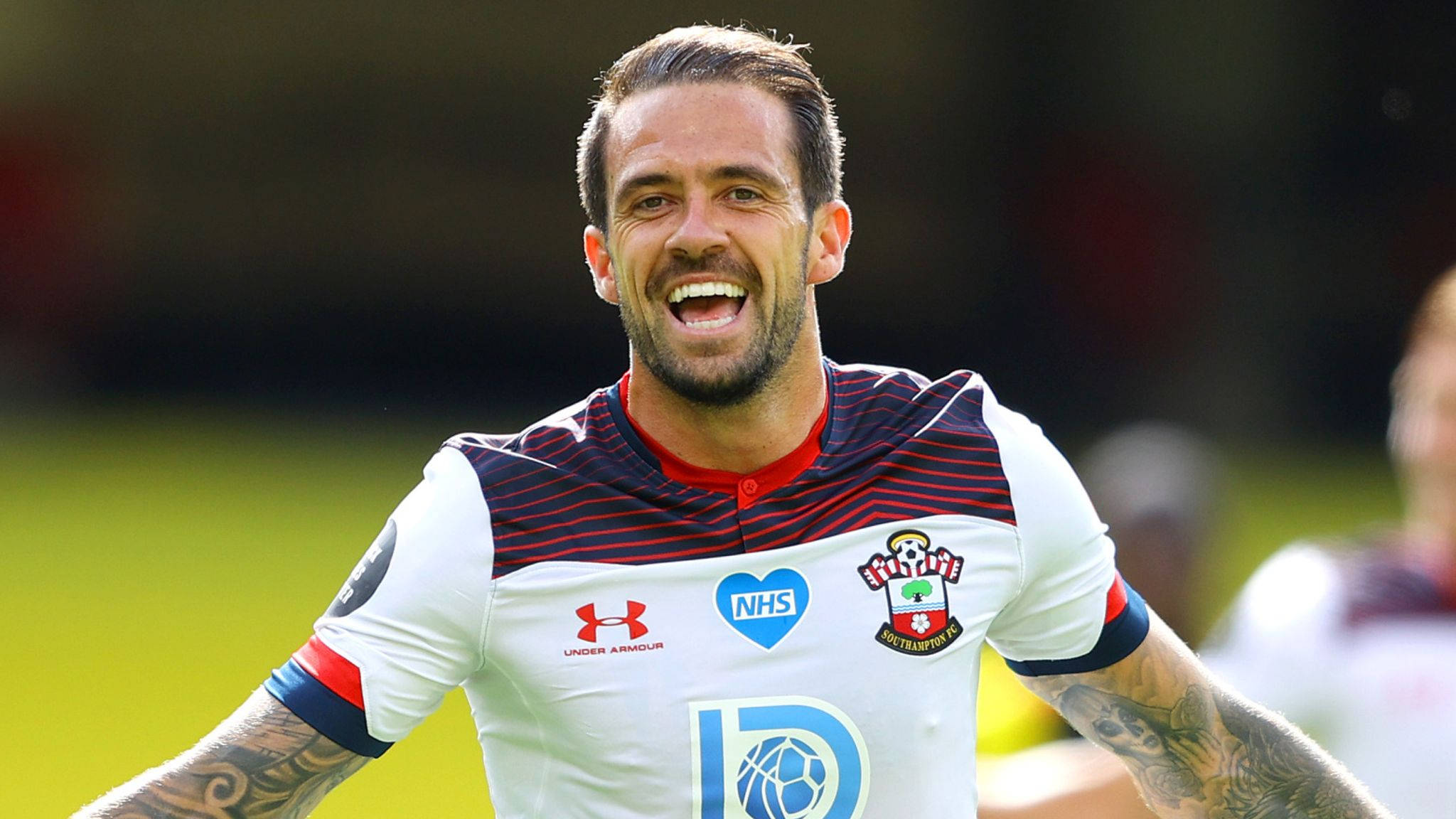 Danny Ings, white and navy striped jersey, tattoos, Full HD Desktop Wallpaper