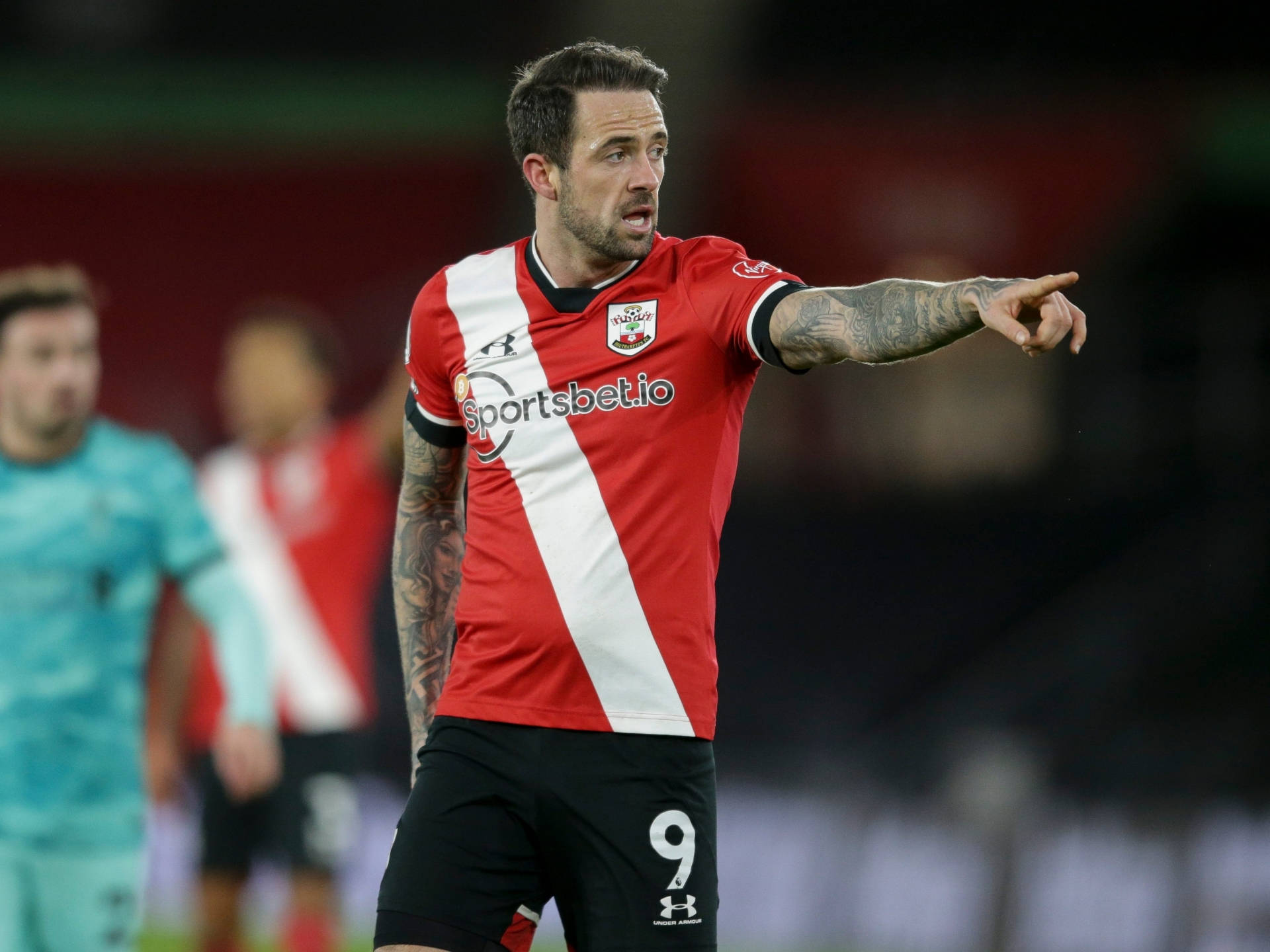 Danny Ings, red and white striped jersey, stadium lights, Full HD Desktop Wallpaper