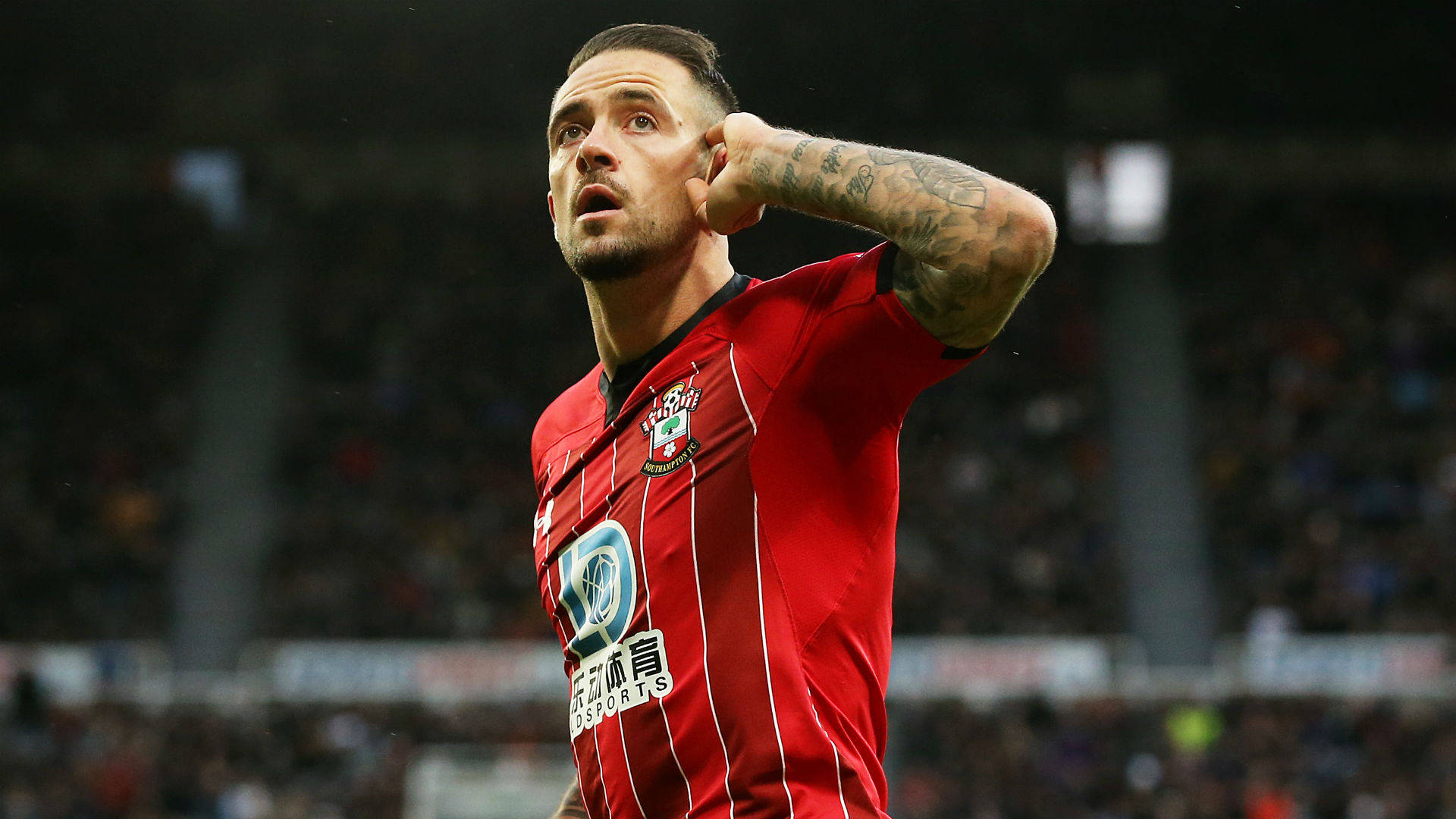 Danny Ings, red striped jersey, stadium lights, Full HD Desktop Wallpaper