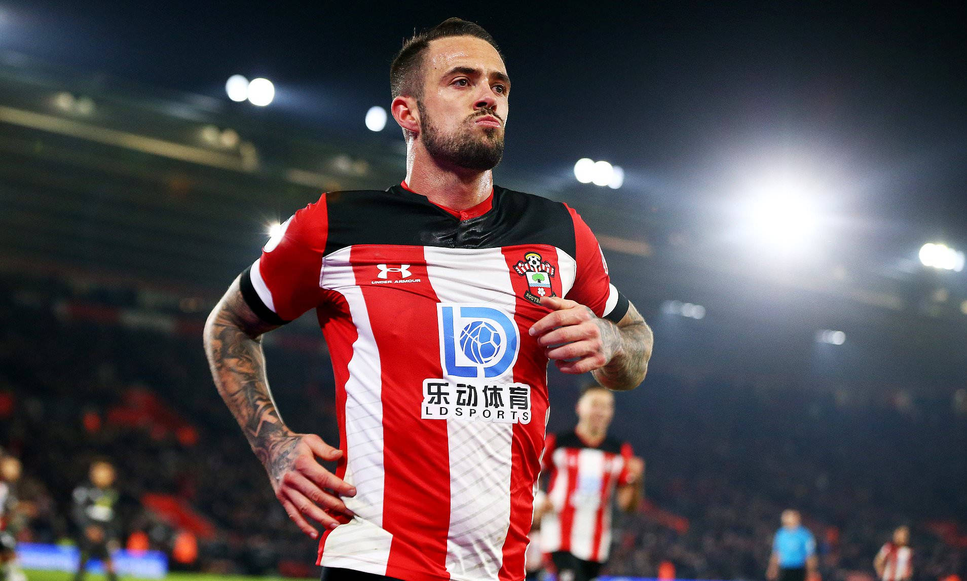 Danny Ings, red and white striped jersey, brightly lit stadium field, HD Desktop Wallpaper