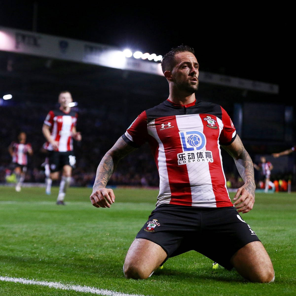 Danny Ings, vibrant green pitch, stadium lights, SD Desktop Wallpaper