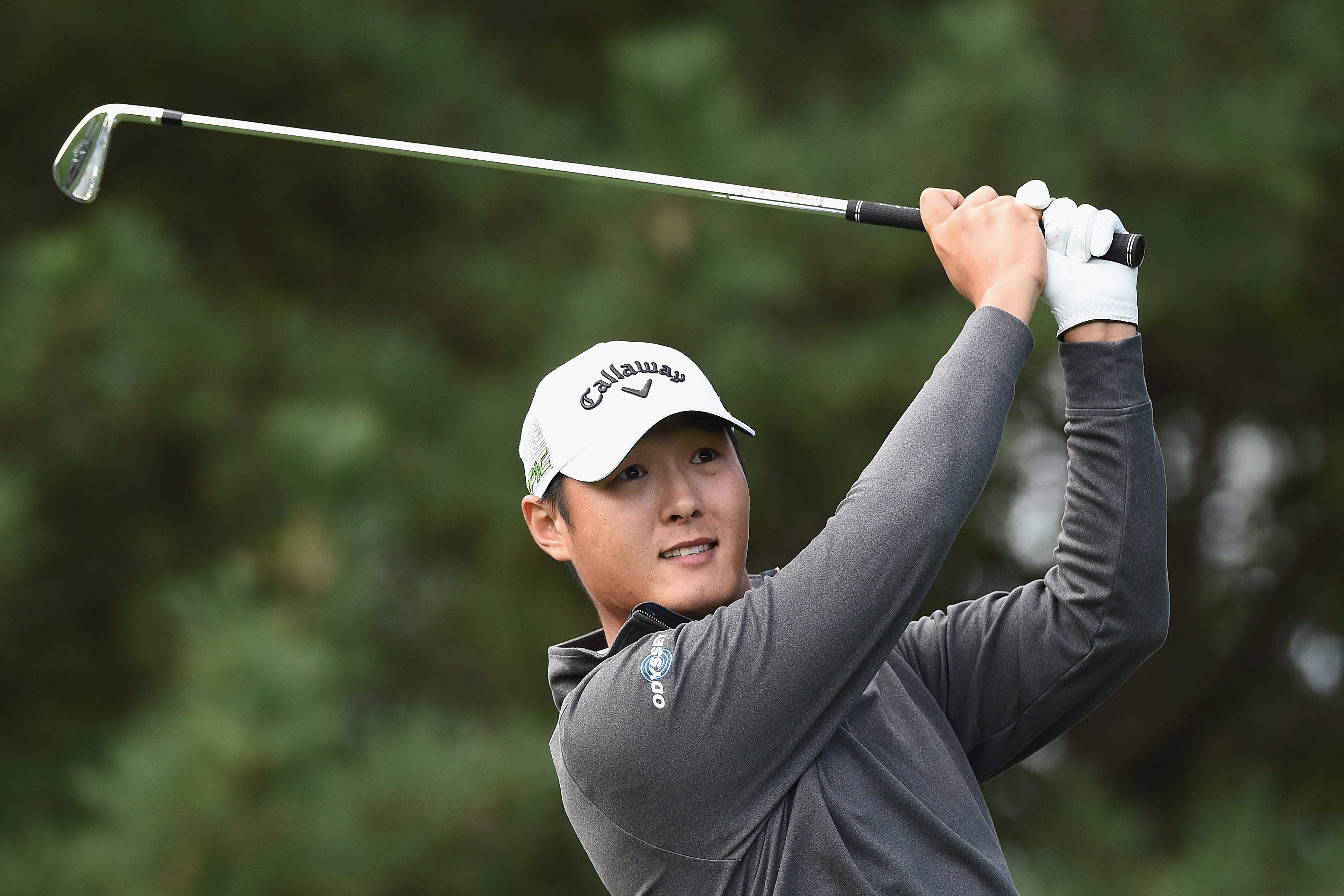 Danny Lee, post-swing posture, green forest backdrop, 4K Desktop Wallpaper