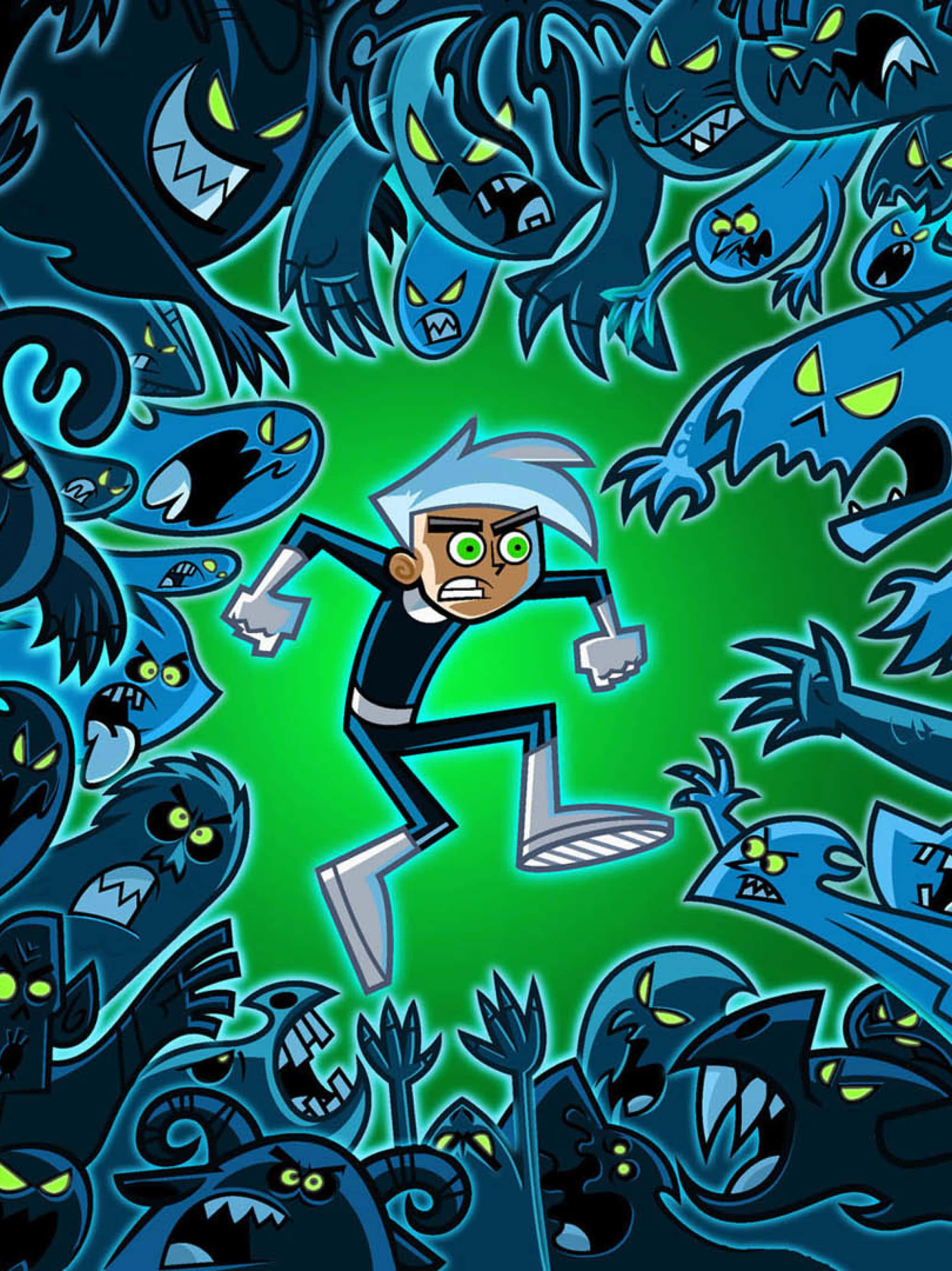 Danny Phantom, white hair, glowing blue monsters, 2K Phone Wallpaper