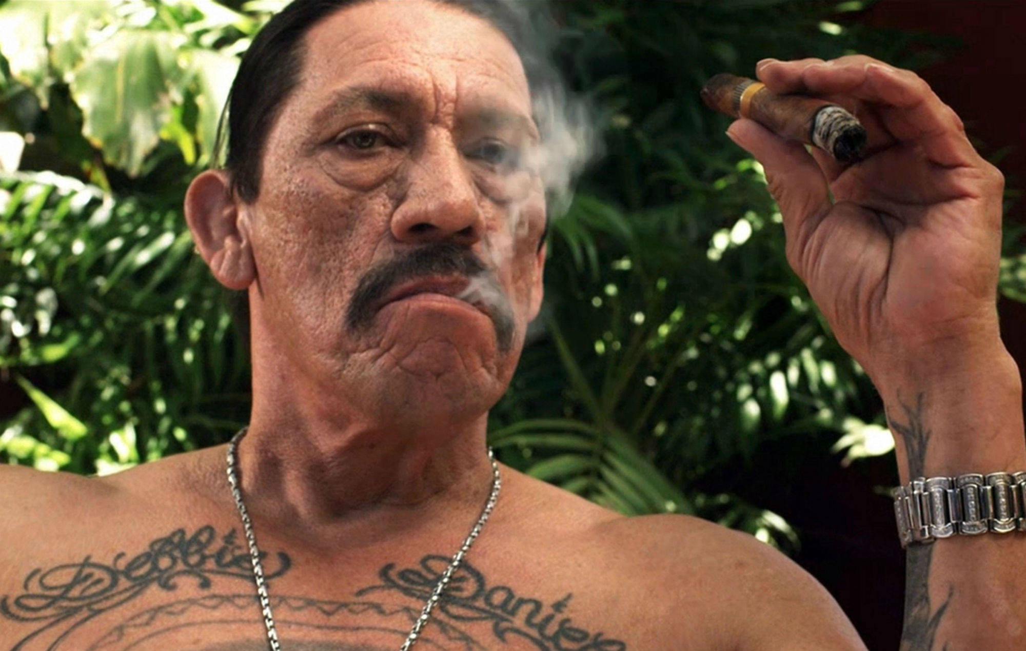 Danny Trejo, cigar, lush green foliage, Full HD Desktop Wallpaper