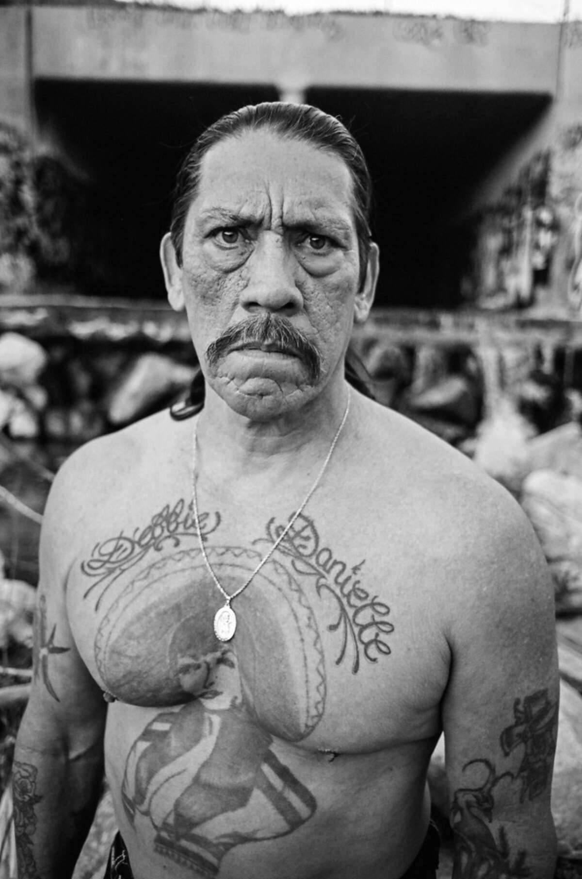 Danny Trejo, black and white portrait, tattooed man, HD Phone Wallpaper