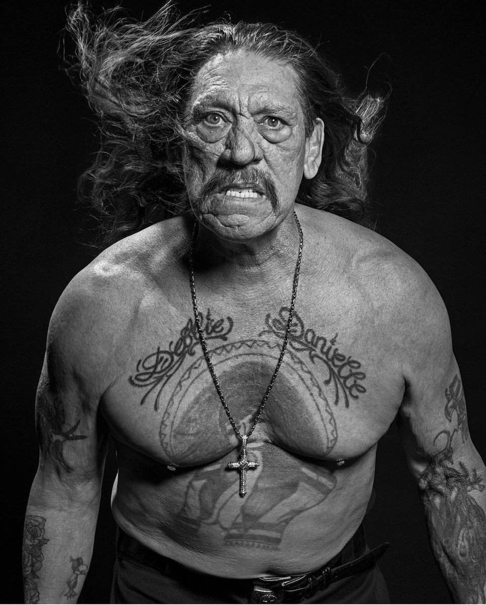 Danny Trejo, black and white portrait, muscular tattooed man, SD Phone Wallpaper