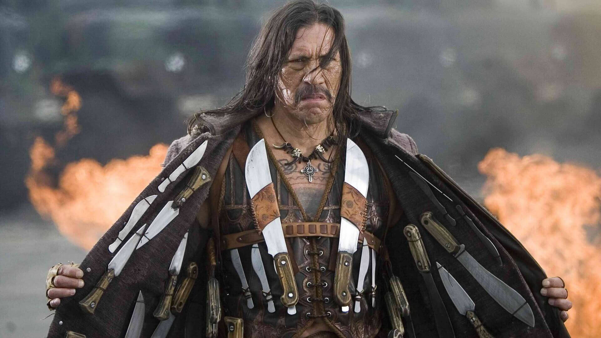 Danny Trejo, machete, cloak adorned with numerous knives, Full HD Desktop Wallpaper