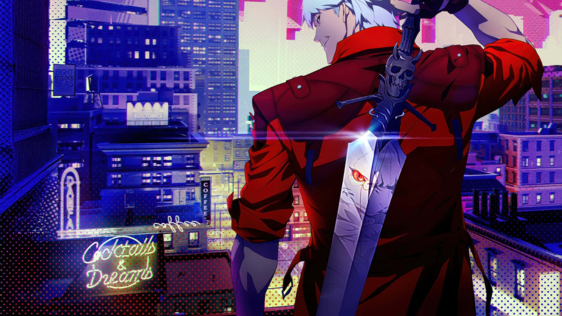 Dante, Devil May Cry, neon-lit cityscape, Full HD Desktop Wallpaper