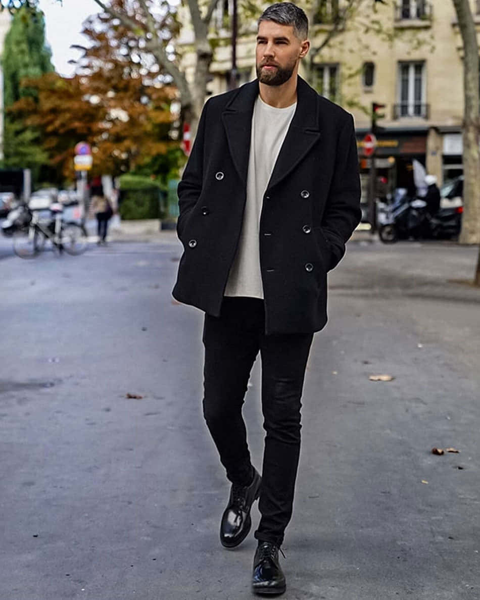 black pea coat, boots, tree-lined urban street, SD Phone Wallpaper
