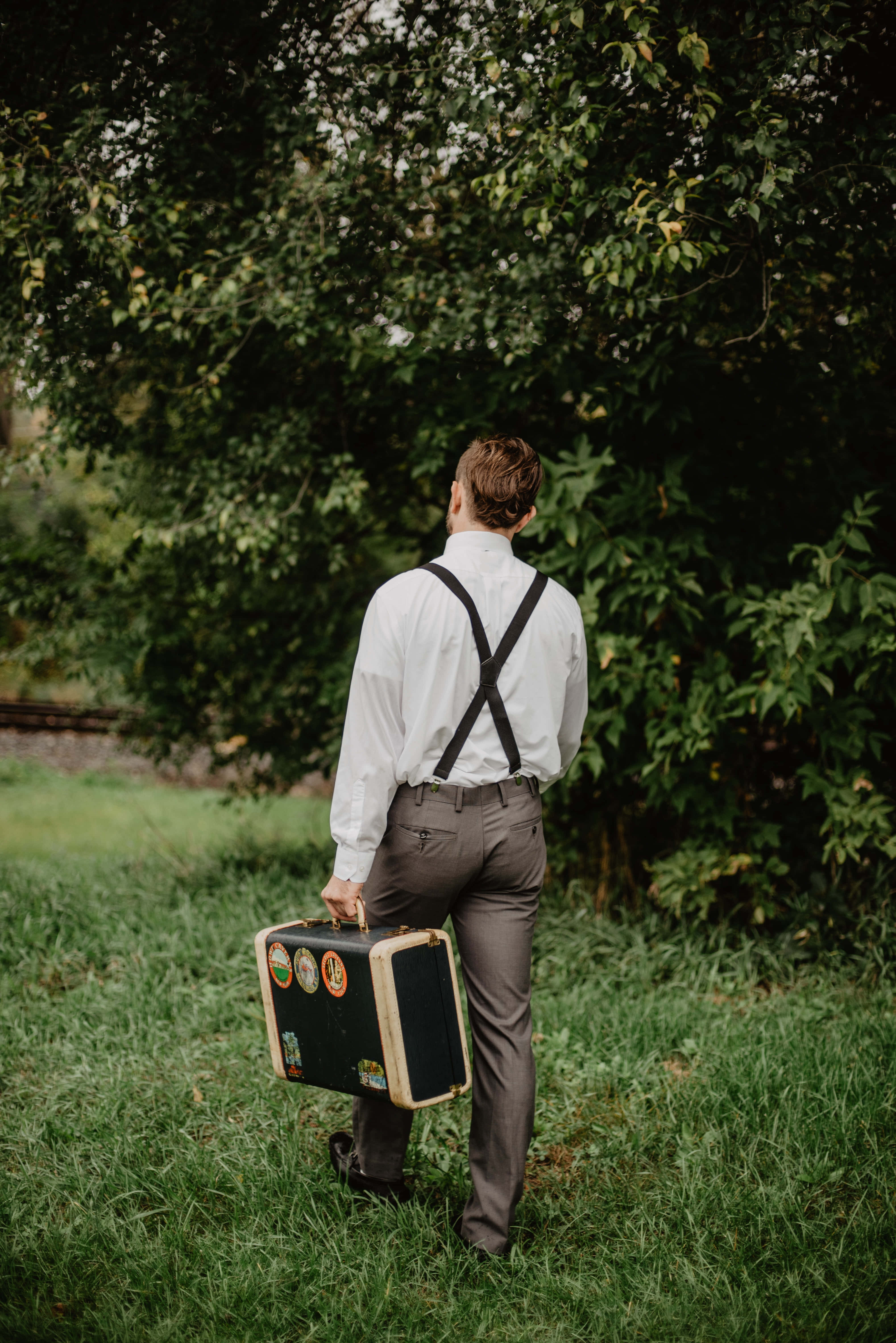 white shirt, suspenders, vintage suitcase, 5K Phone Wallpaper