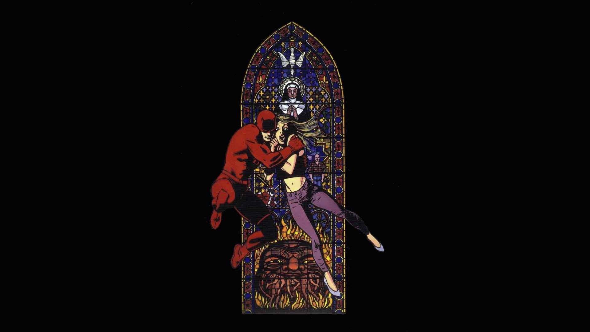 Daredevil, red-suited superhero, stained glass window, Full HD Desktop Wallpaper