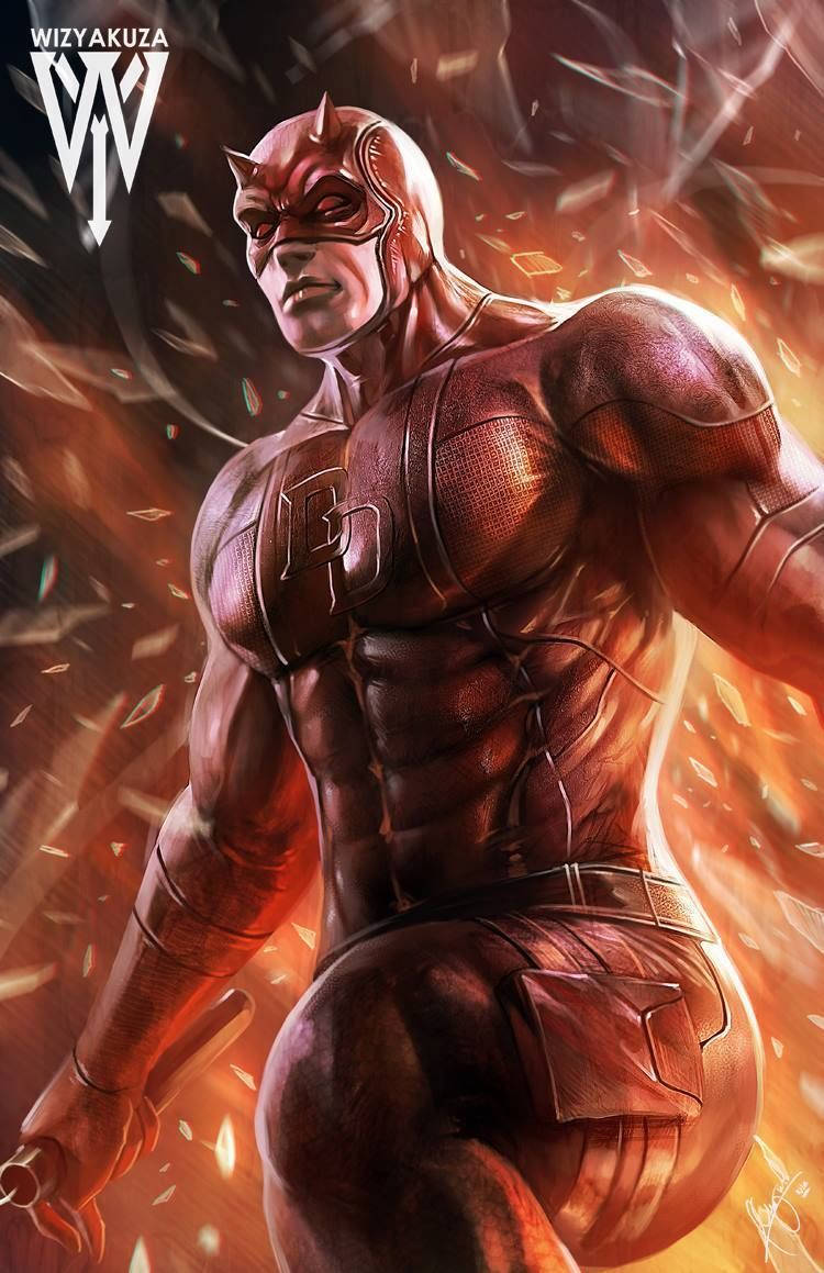 Daredevil, red suit, fiery debris, SD Phone Wallpaper