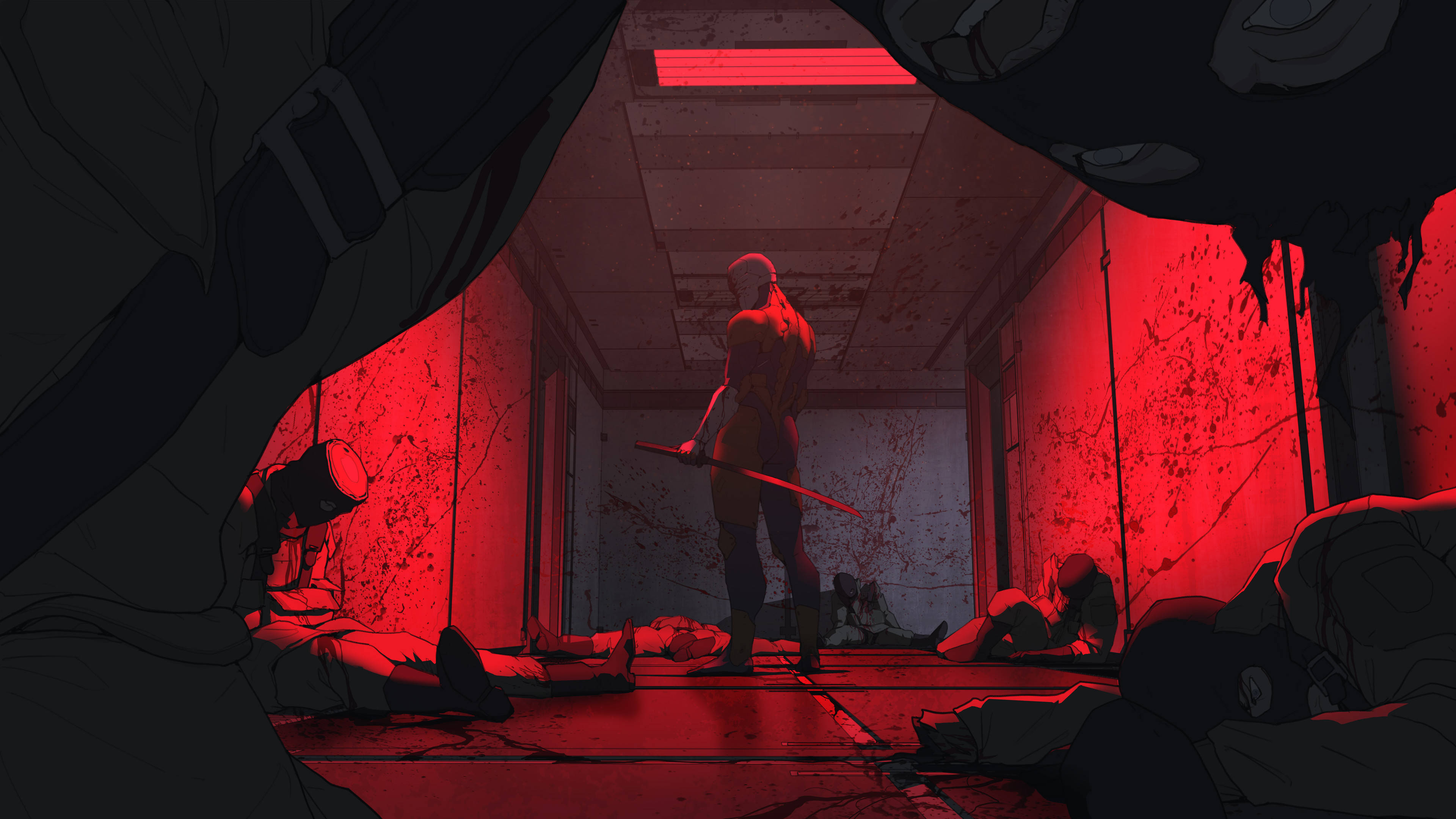 Daredevil, bloodstained hallway, red light, 4K Desktop Wallpaper
