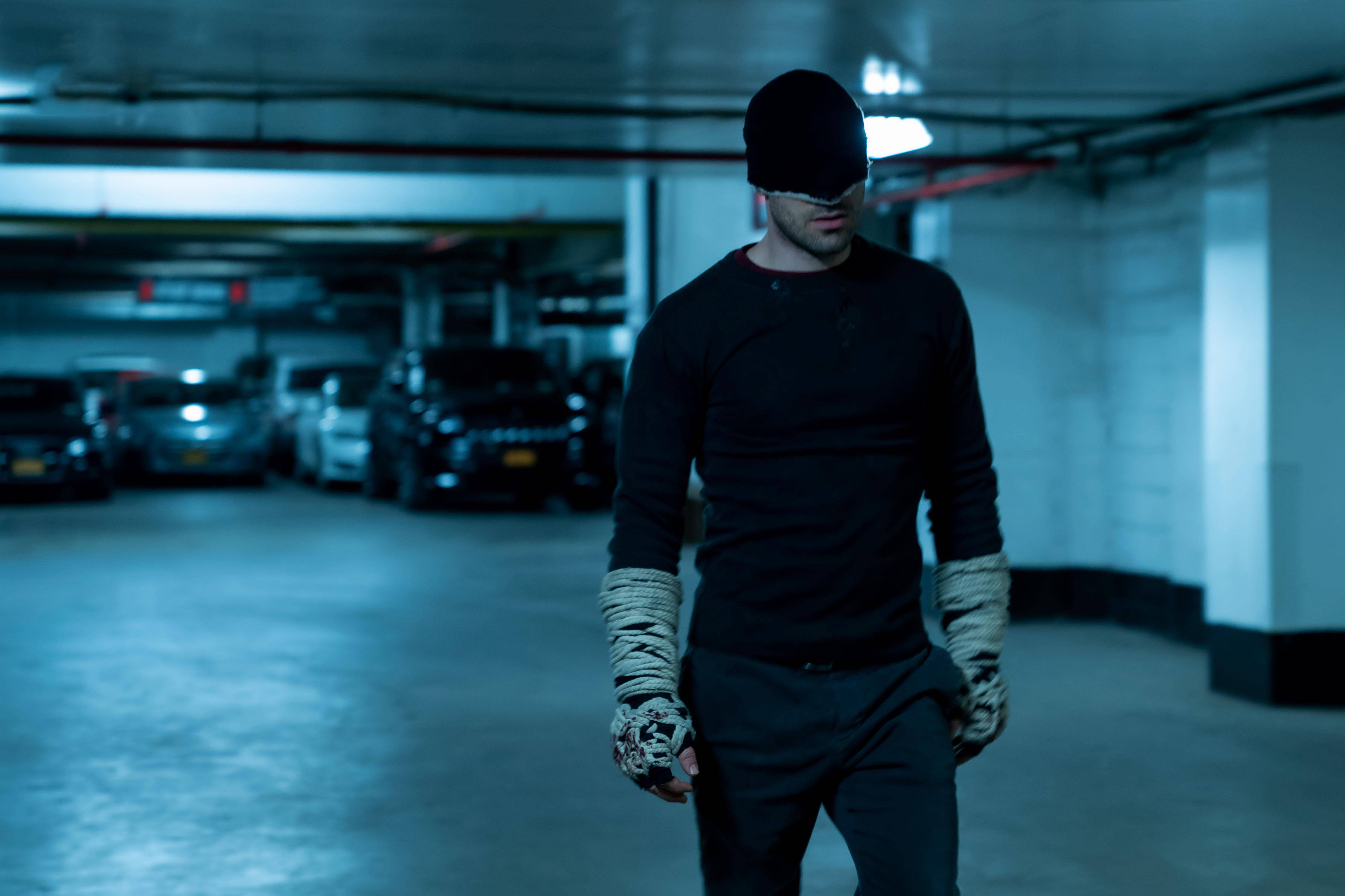 Daredevil, black costume, underground parking garage, 4K Desktop Wallpaper