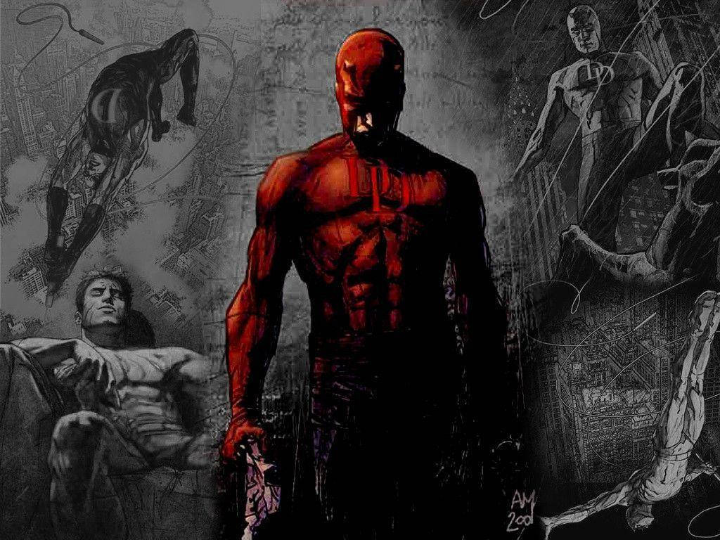 Daredevil, red-suited, gritty urban collage, SD Desktop Wallpaper