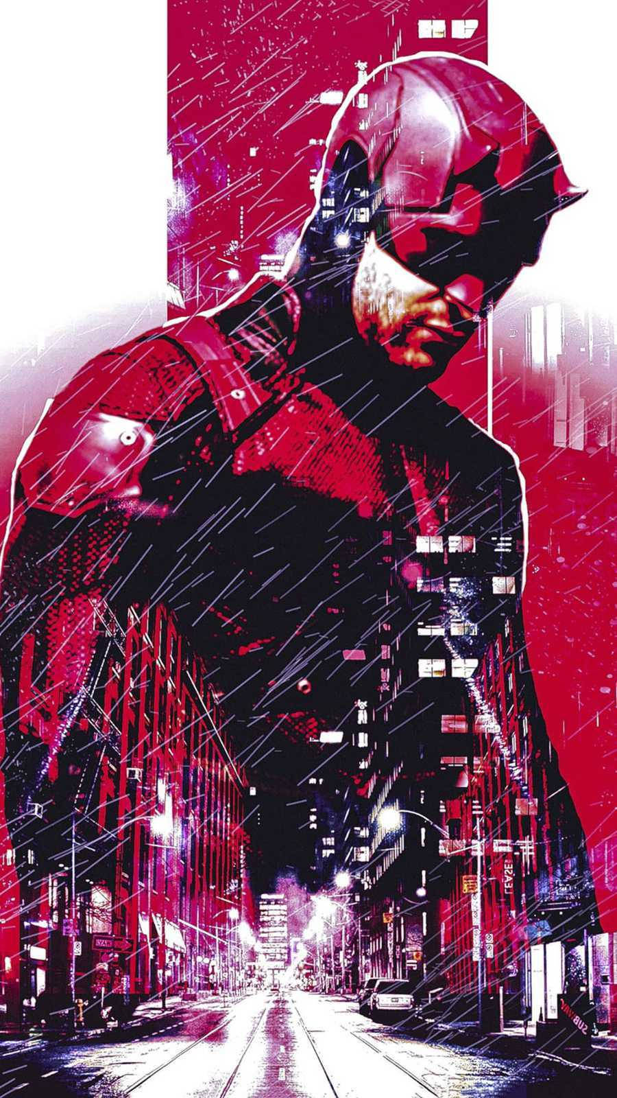Daredevil, neon lights, rain-slicked city street, HD Phone Wallpaper