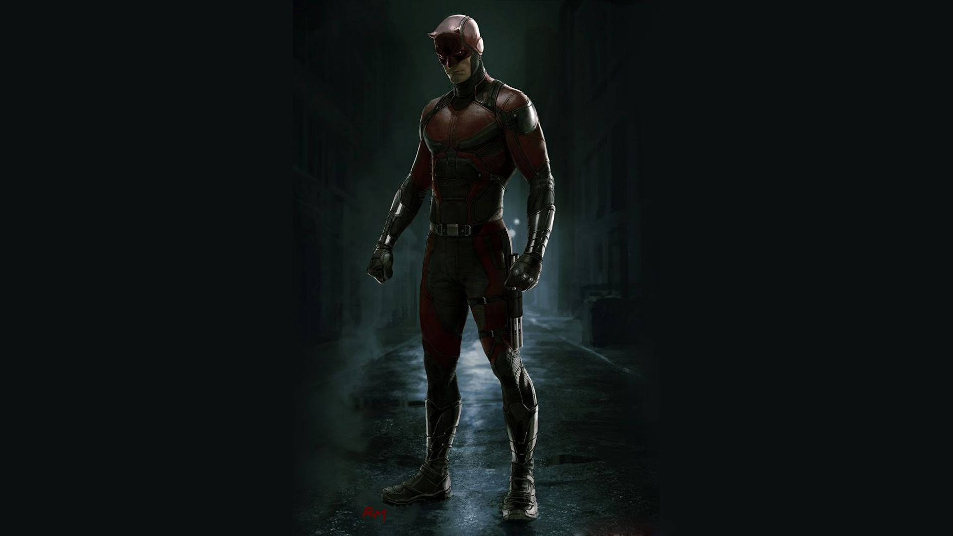 Daredevil, red and black suit, dimly lit urban alleyway, Full HD Desktop Wallpaper