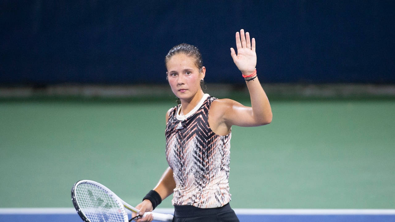 Daria Kasatkina, green court, stadium lights, HD Desktop Wallpaper