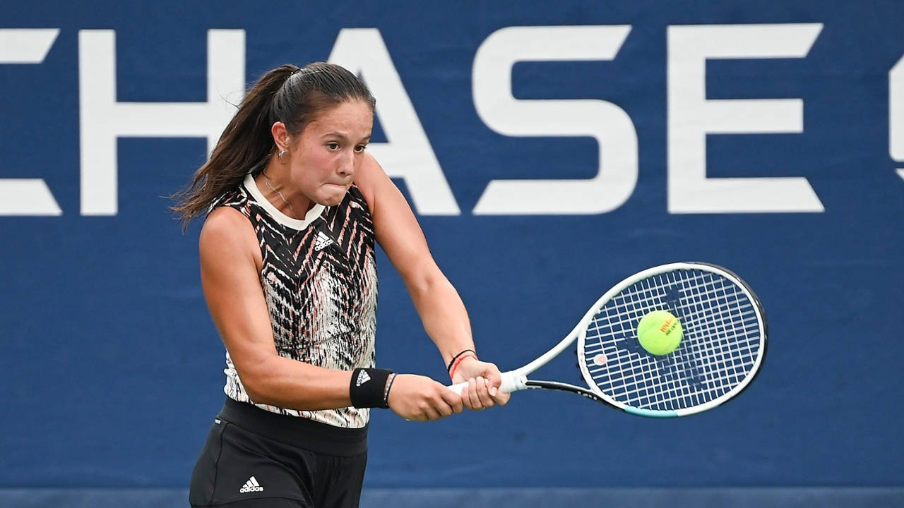 Daria Kasatkina, black and white shirt, bright yellow ball, HD Desktop Wallpaper