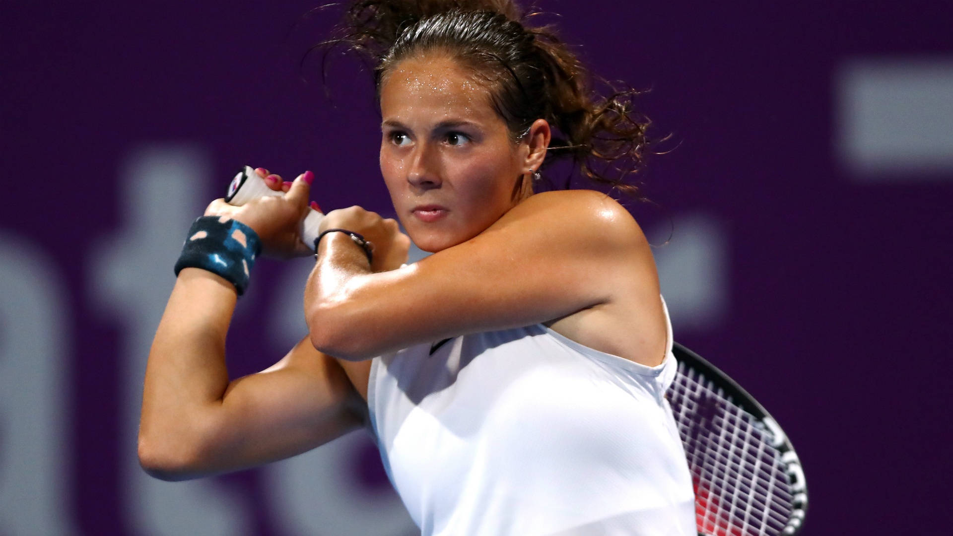 Daria Kasatkina, purple court, backhand swing, Full HD Desktop Wallpaper