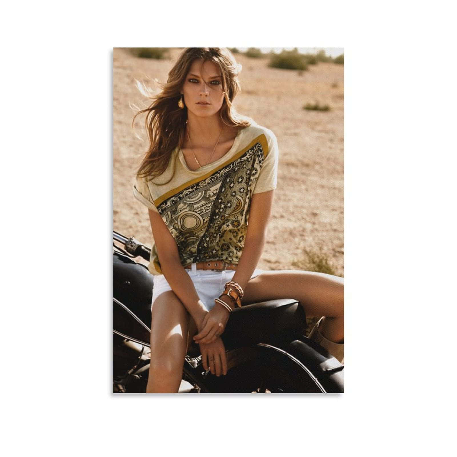 Daria Werbowy, black motorcycle, sunlit desert landscape, HD Desktop Wallpaper