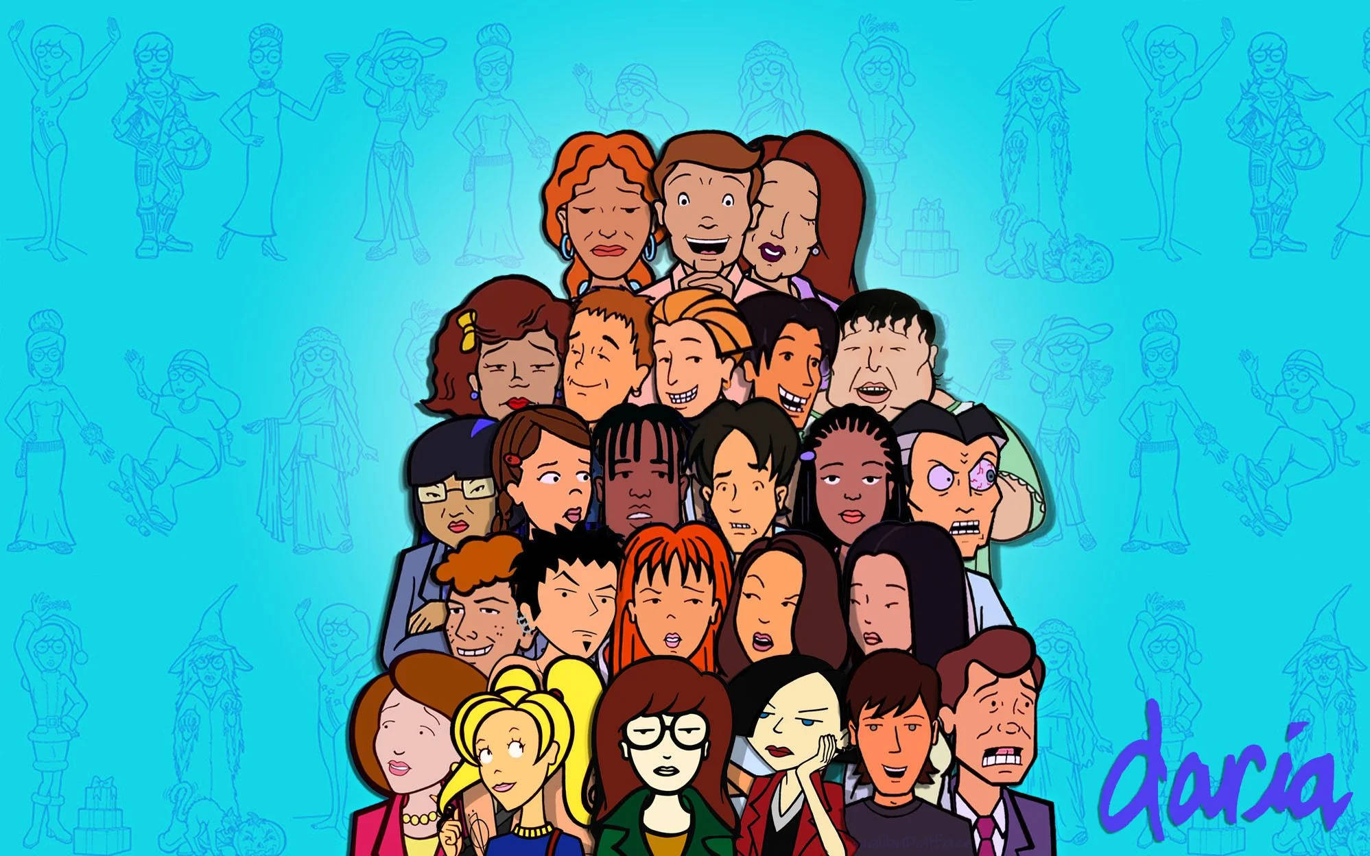 Daria, cyan background, blue sketch outlines, Full HD Desktop Wallpaper