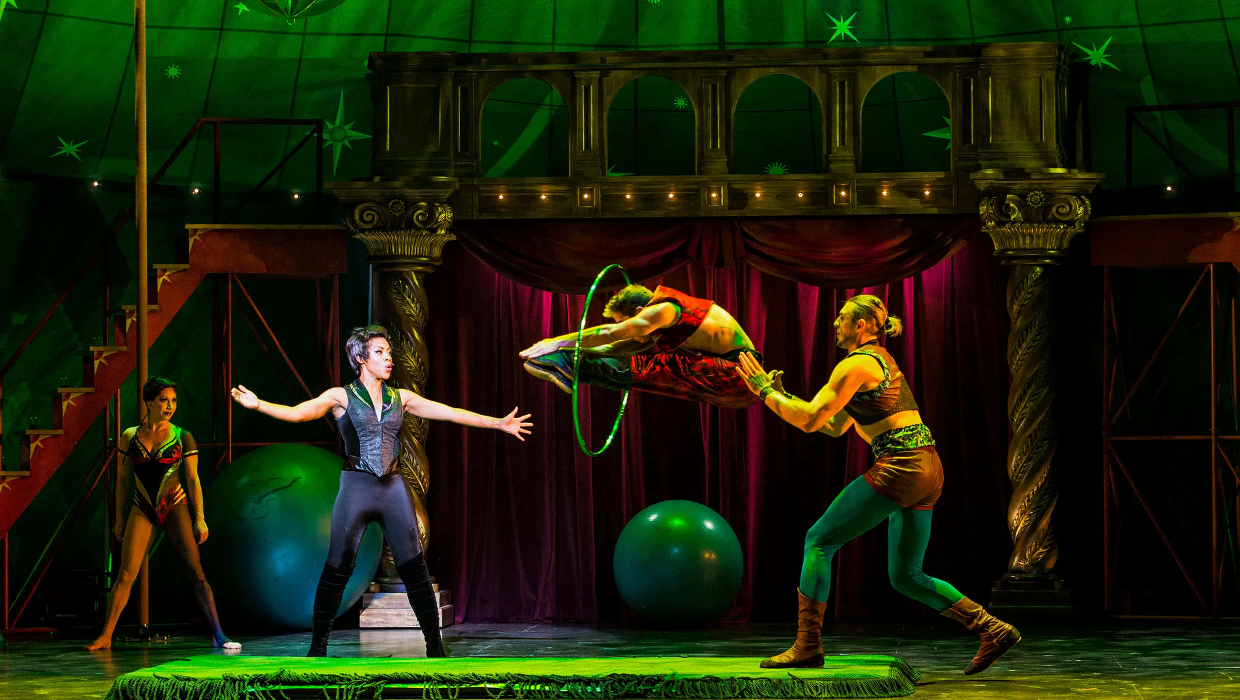 Daring, hoop act, green stage lights, Full HD Desktop Wallpaper