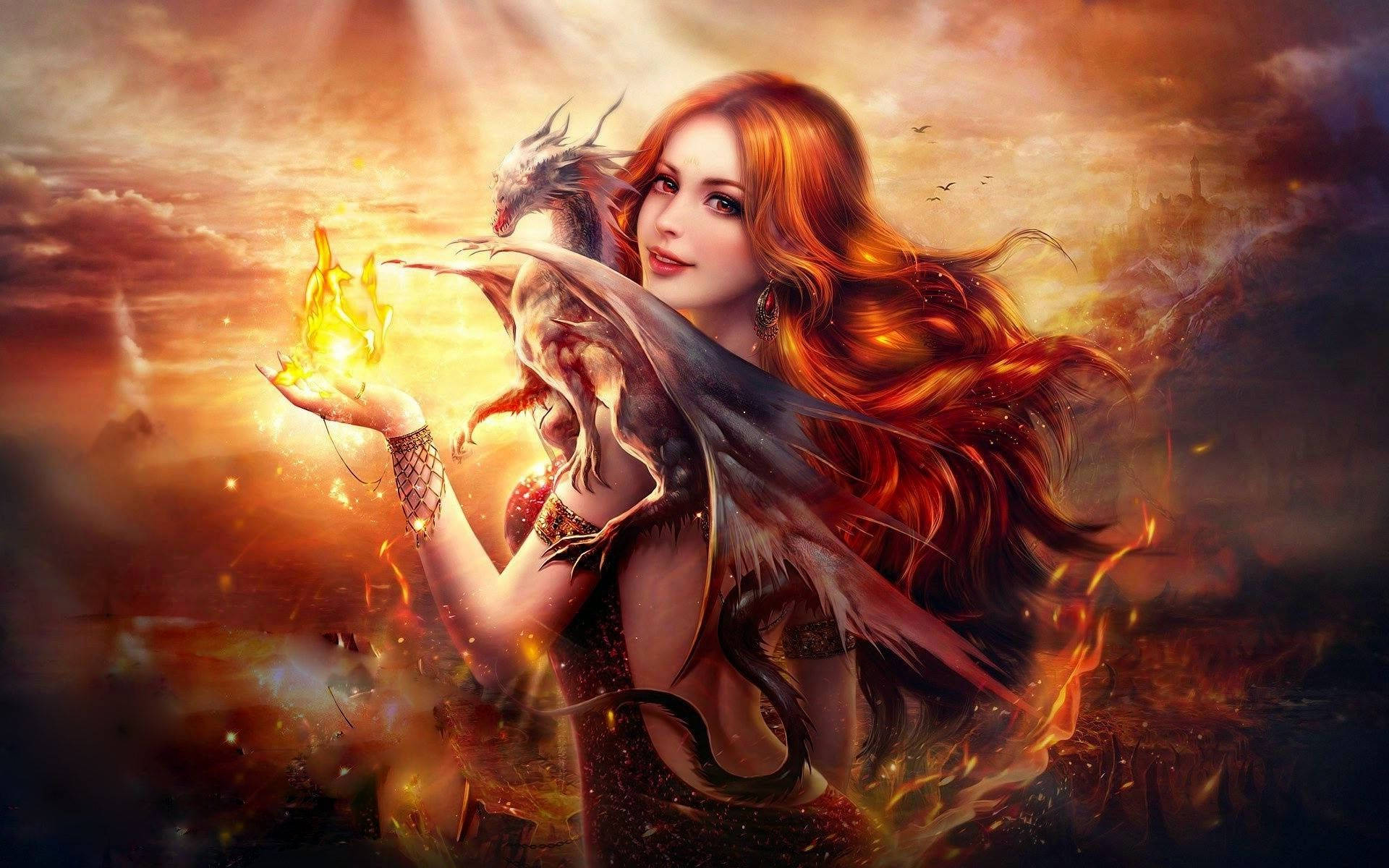 dragon fire fantasy girl, fire-breathing, fiery-haired woman, Full HD Desktop Wallpaper