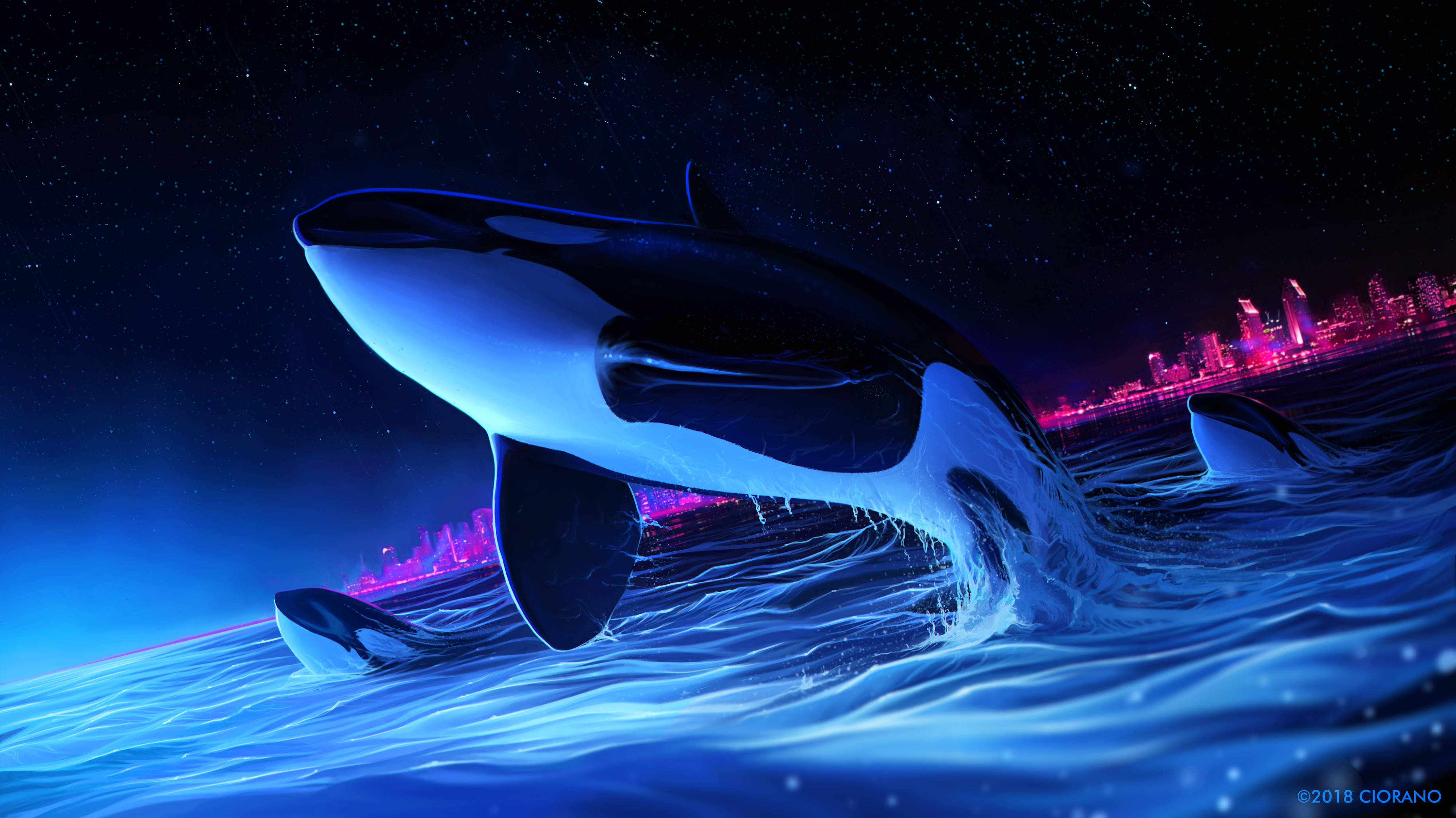 orca, glowing blue waves, starry night sky, 4K Desktop Wallpaper
