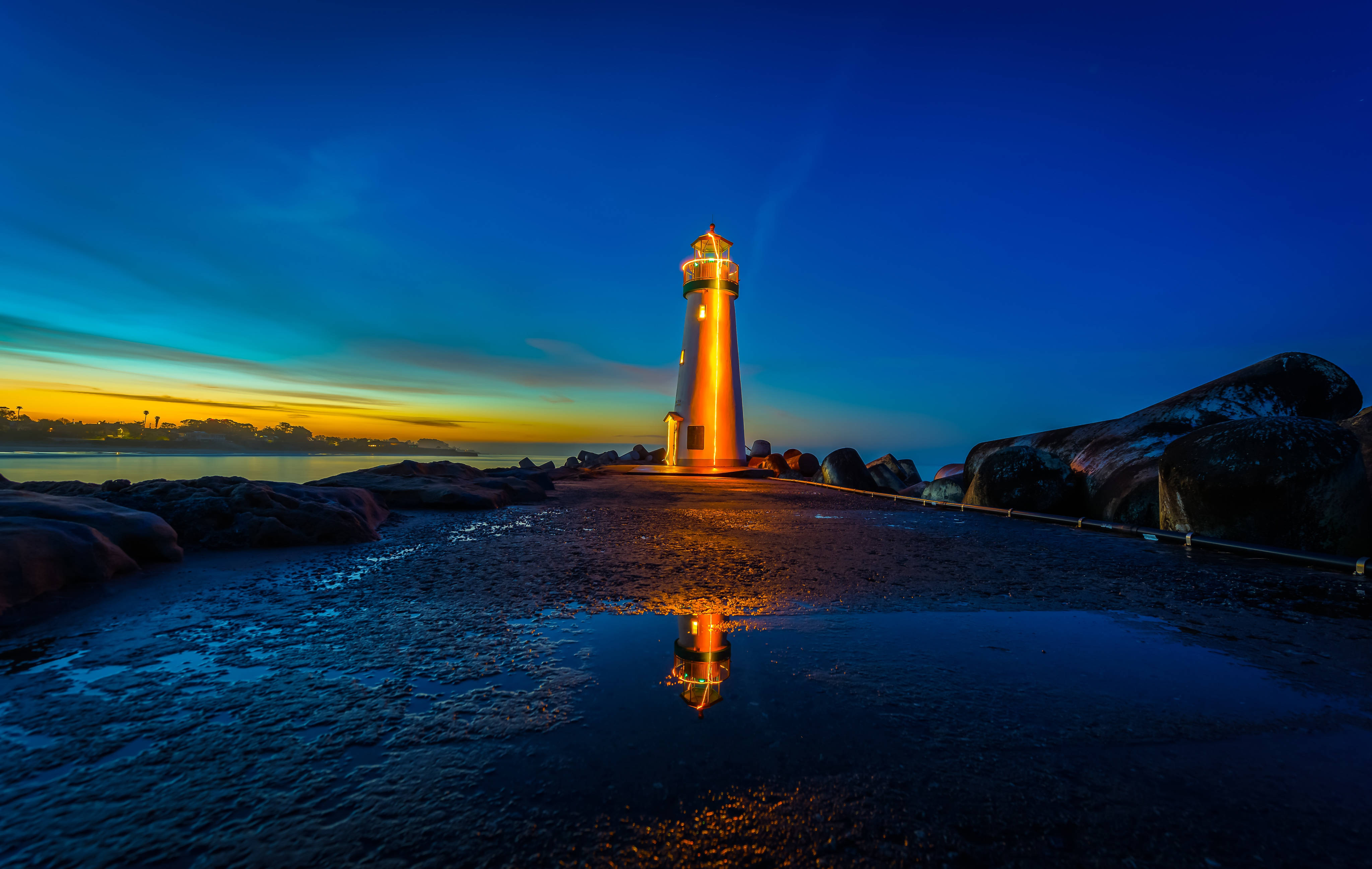 lighthouse, rocky pier, dusk, 4K Desktop Wallpaper