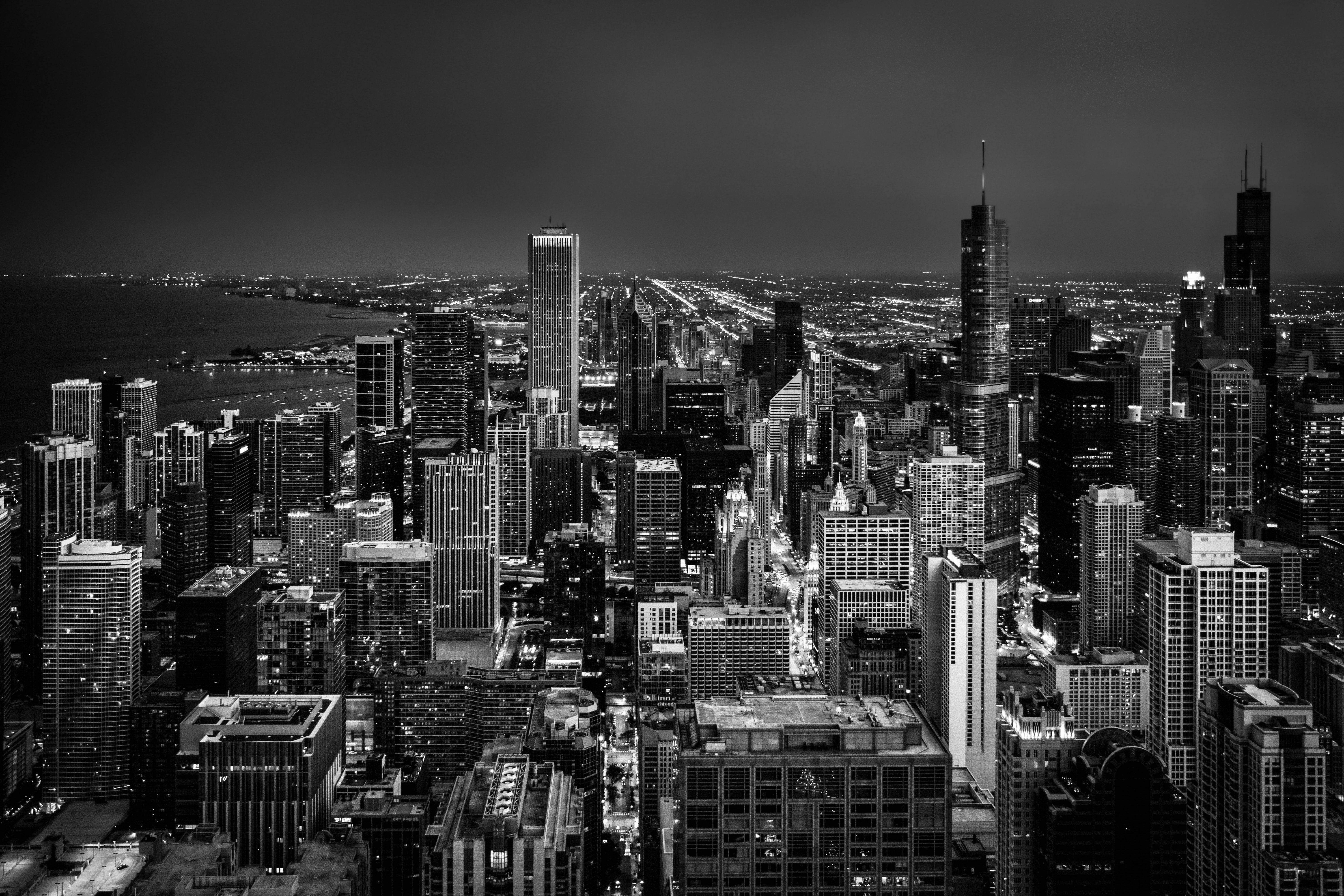high rise grayscale building, aerial view, cityscape at night, 5K Desktop Wallpaper