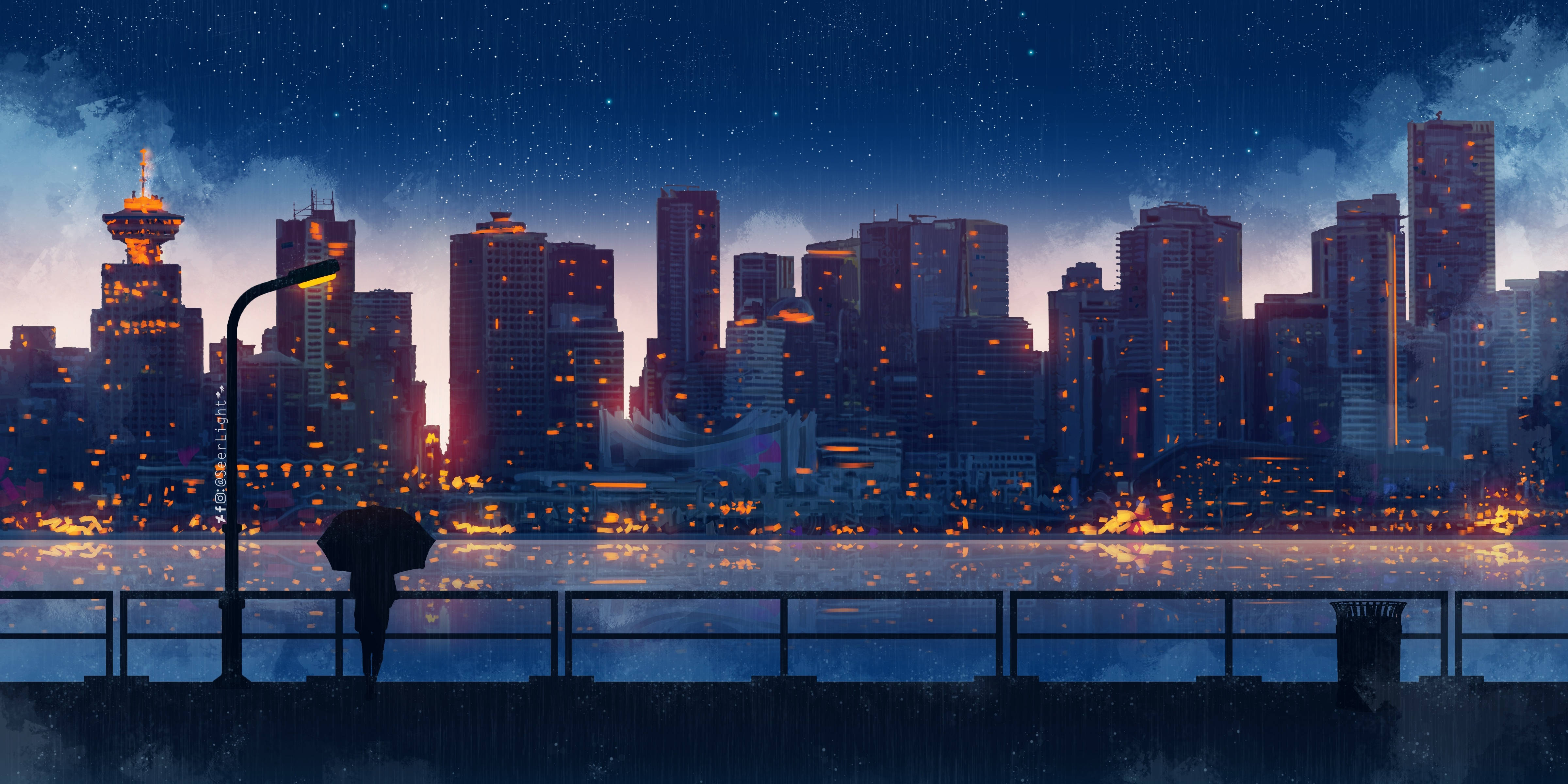 starry night, waterfront pier, lone figure, 4K Desktop Wallpaper
