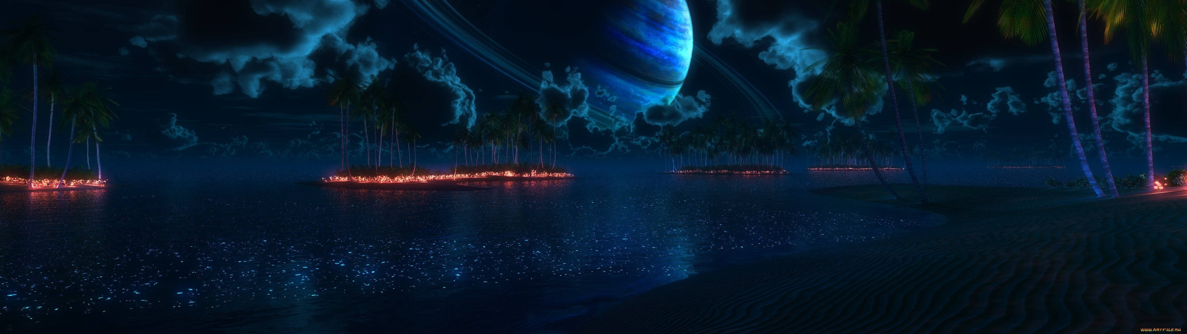 Dark Forest Fire 4K, surreal night scene, glowing palm trees, 4K Desktop Wallpaper