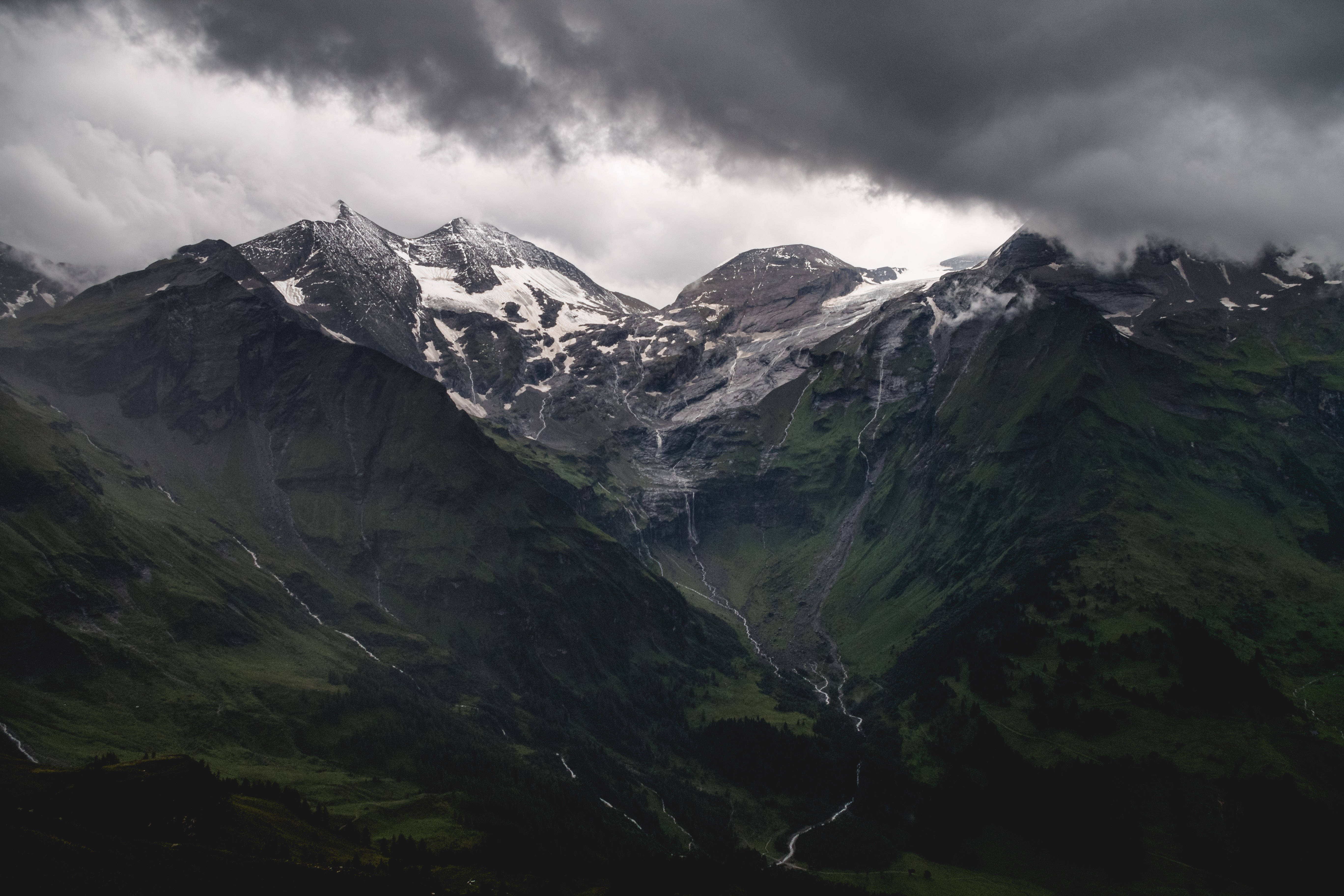 Mountain Snow Dark 4K, snow-capped mountain peaks, heavy storm clouds, 5K Desktop Wallpaper