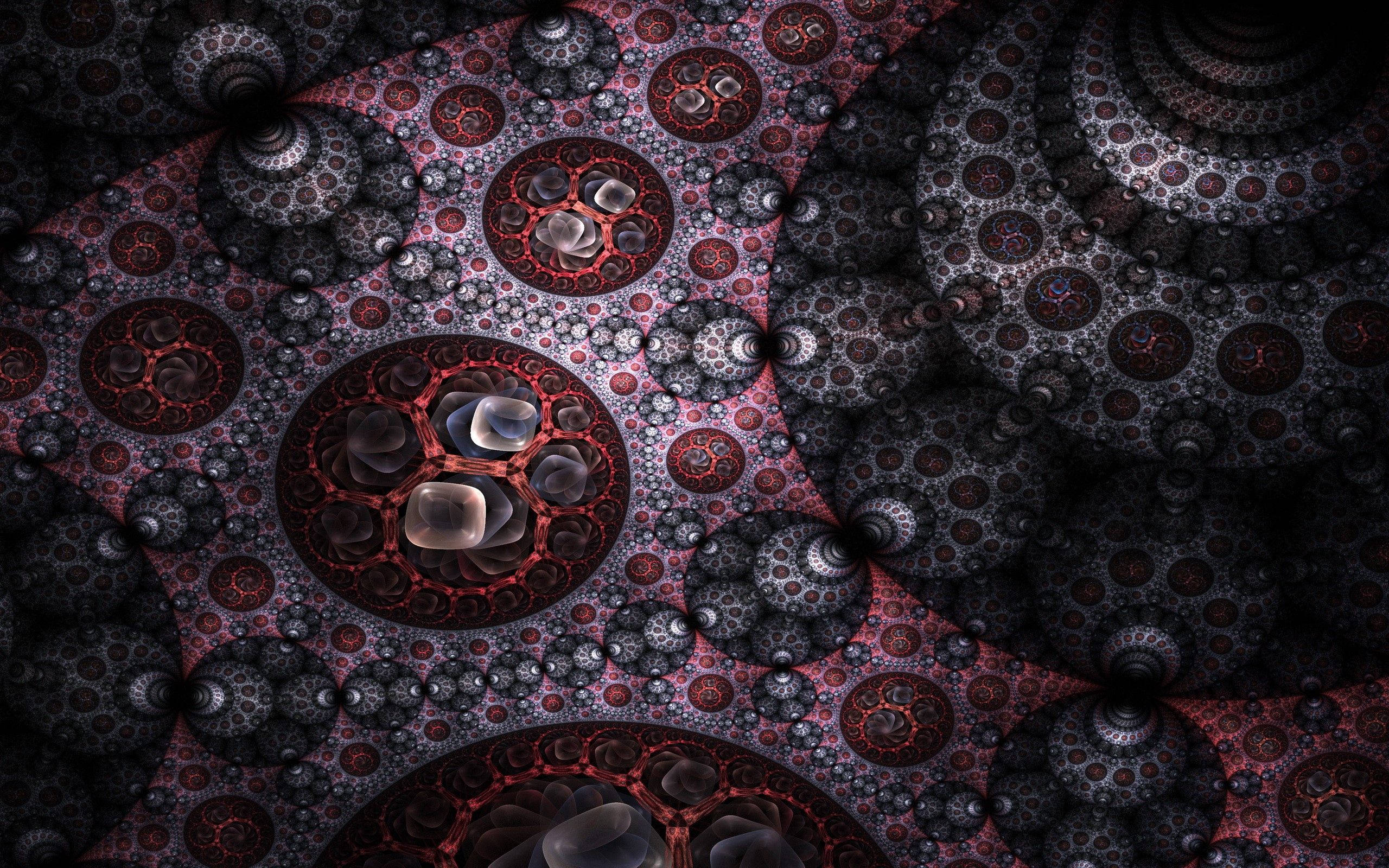 fractal artwork, repeating circular patterns, deep reds, 2K Desktop Wallpaper