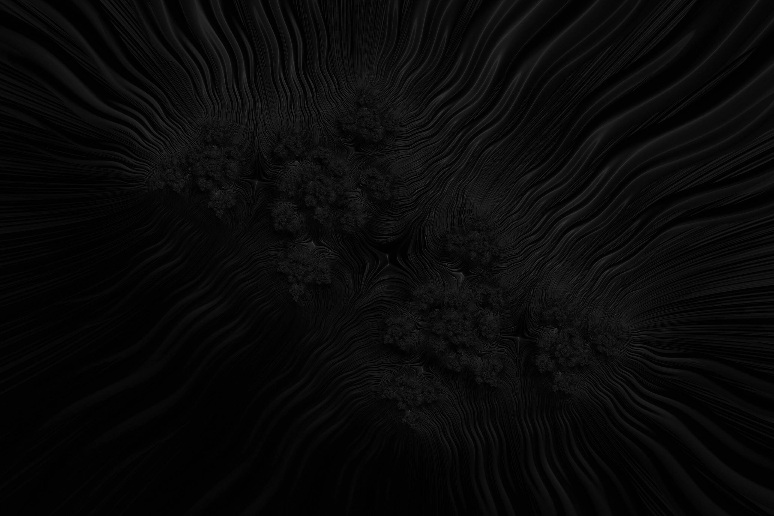 ominous all black textured abstract art, black abstract fractal, swirling ribbons, 2K Desktop Wallpaper