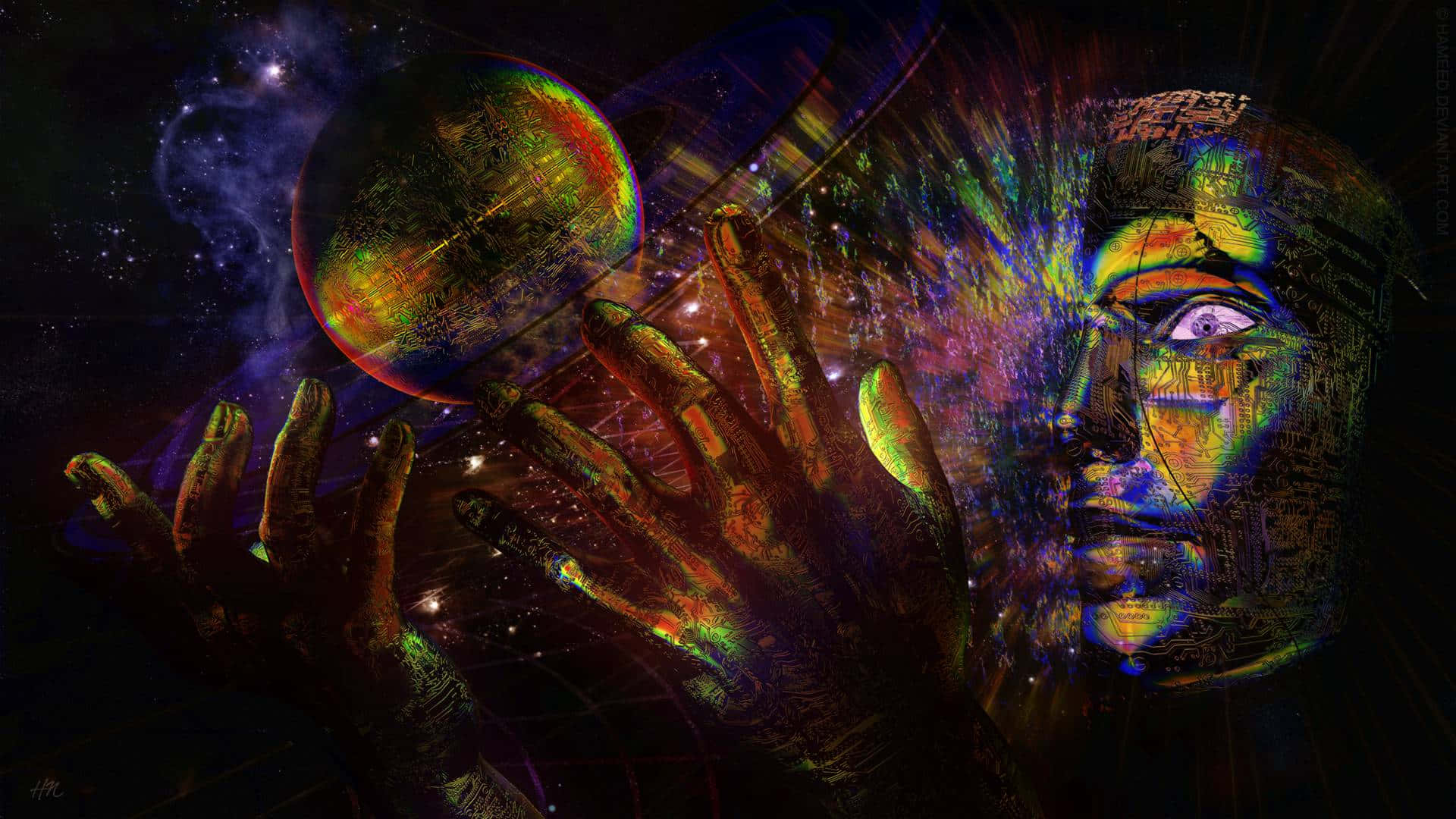 cosmic digital-art portrait, face and hands, glowing planet, Full HD Desktop Wallpaper