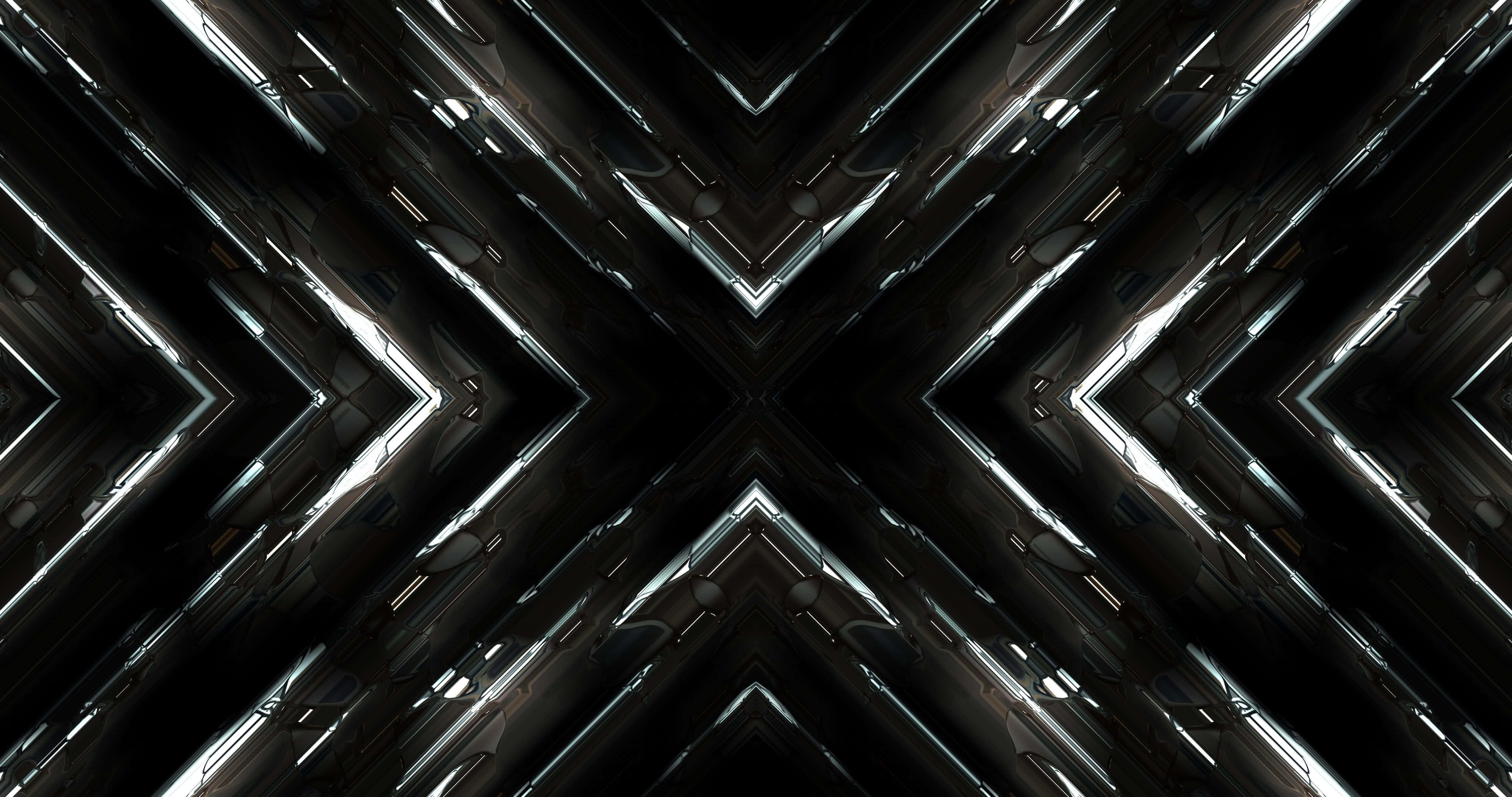 dark abstract art, glowing metallic chevrons, central point, 4K Desktop Wallpaper