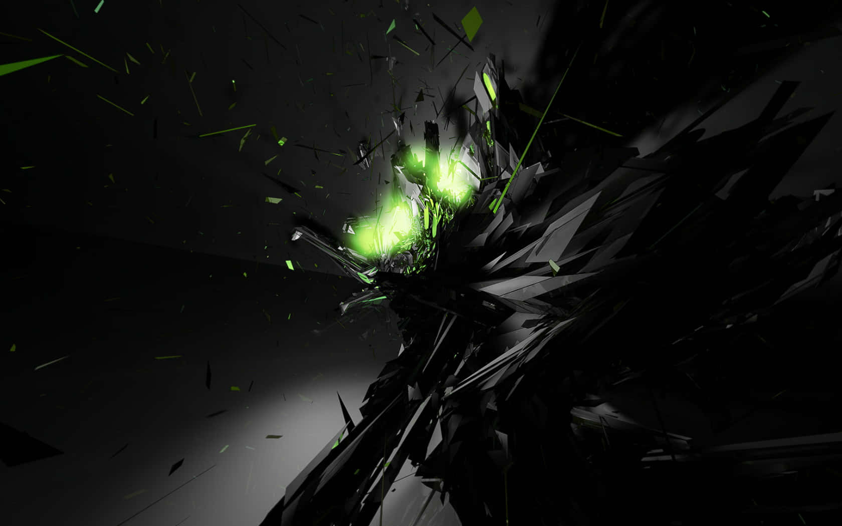 dark abstract art, shattered black object, vibrant green energy, HD Desktop Wallpaper