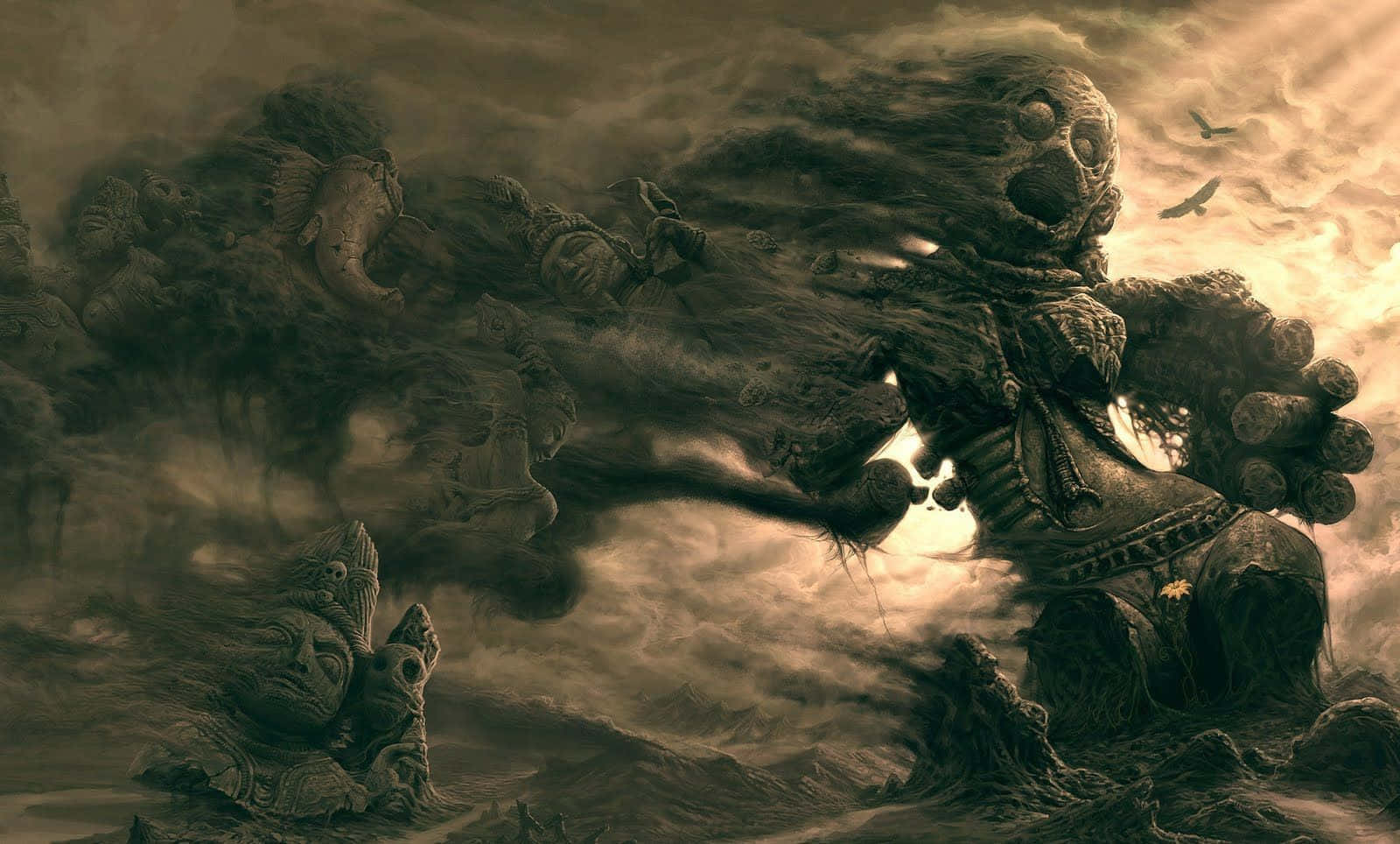 dark abstract art, stone giant, stormy clouds, HD Desktop Wallpaper