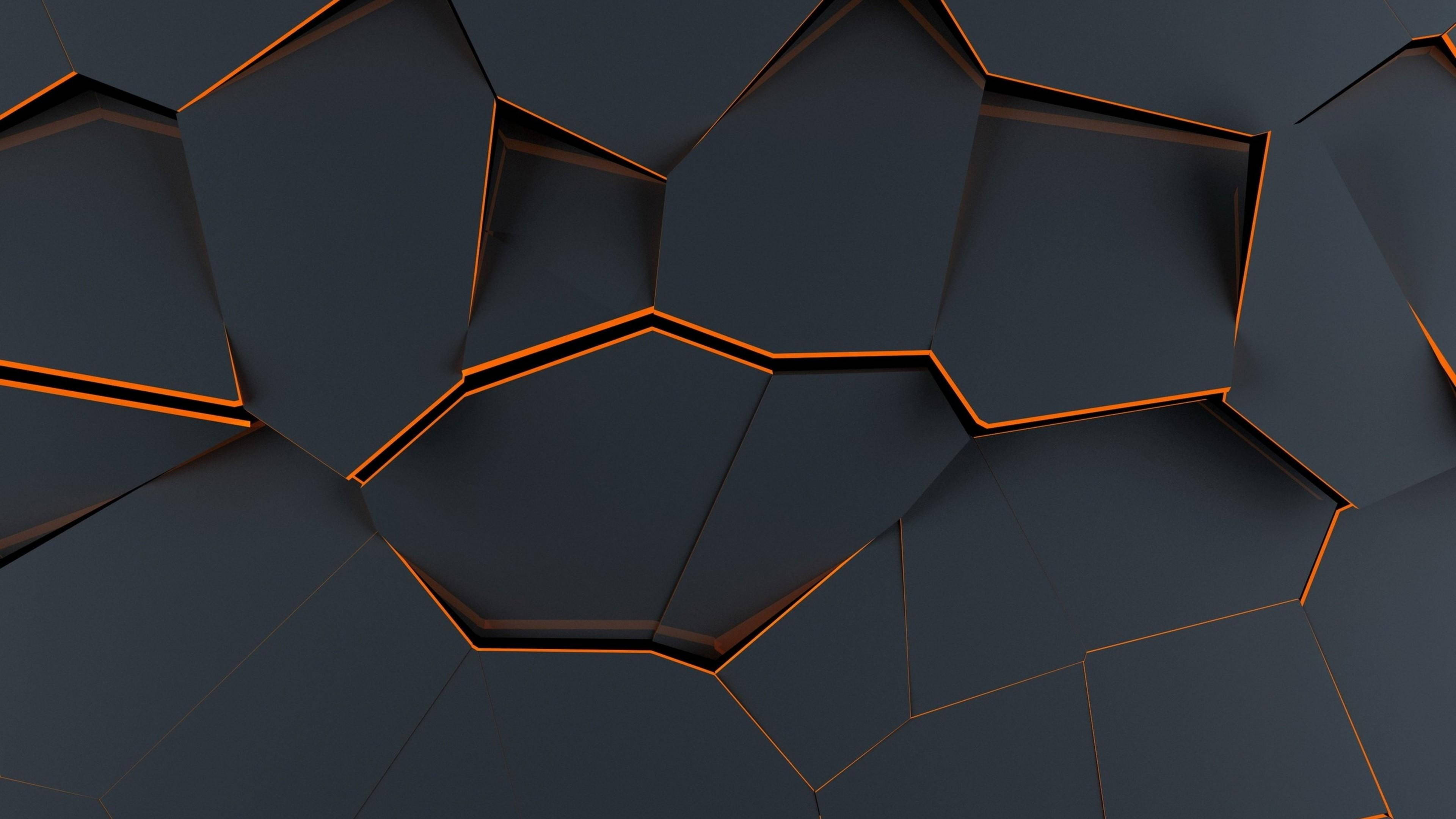 gray polygon abstract material design, dark geometric hexagonal panels, glowing orange seams, 4K Desktop Wallpaper