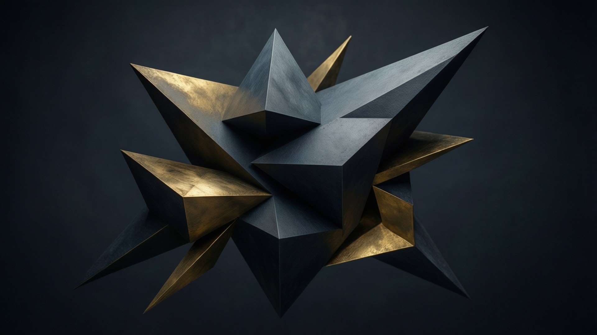 gold geometric abstraction, geometric star sculpture, black and gold metallic facets, Full HD Desktop Wallpaper