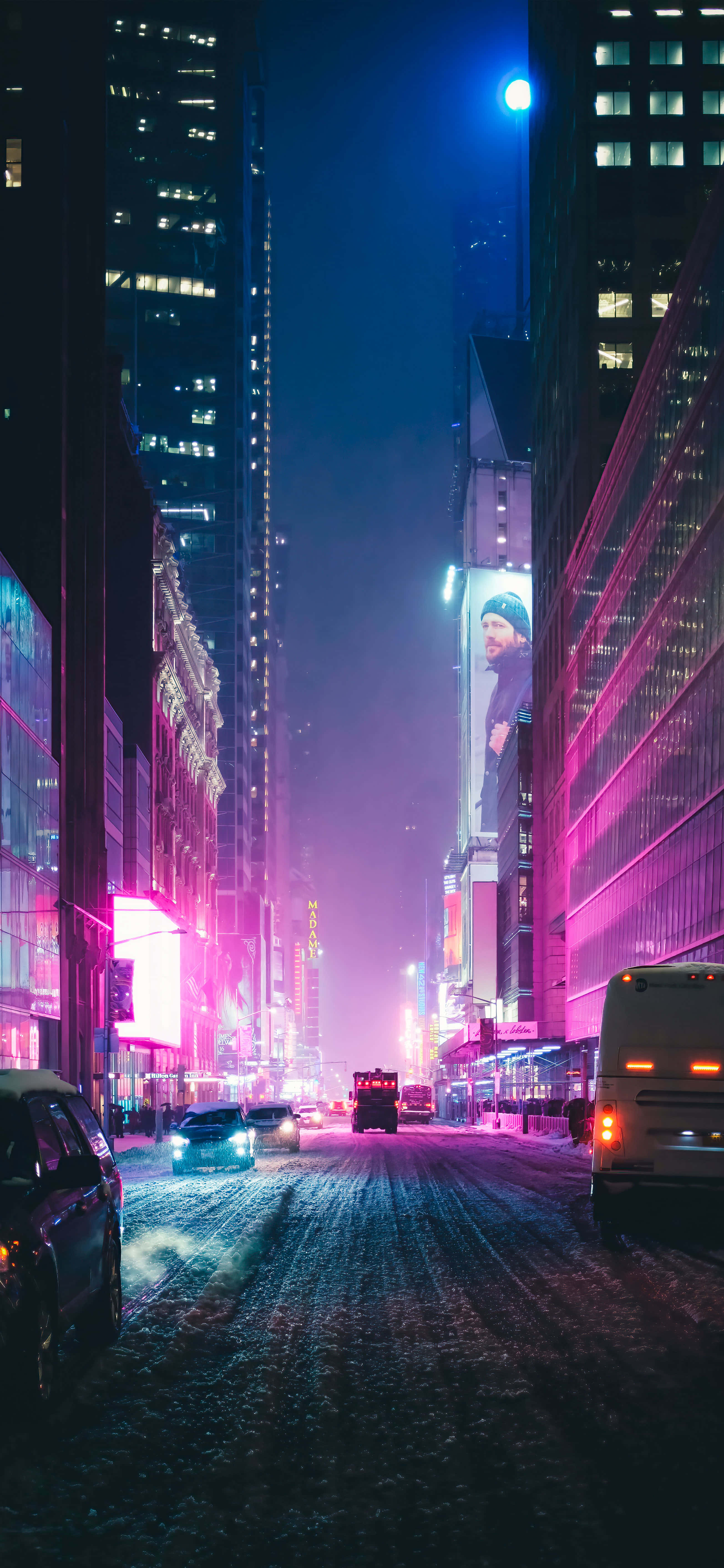 downtown street, night, snowy, 5K Phone Wallpaper