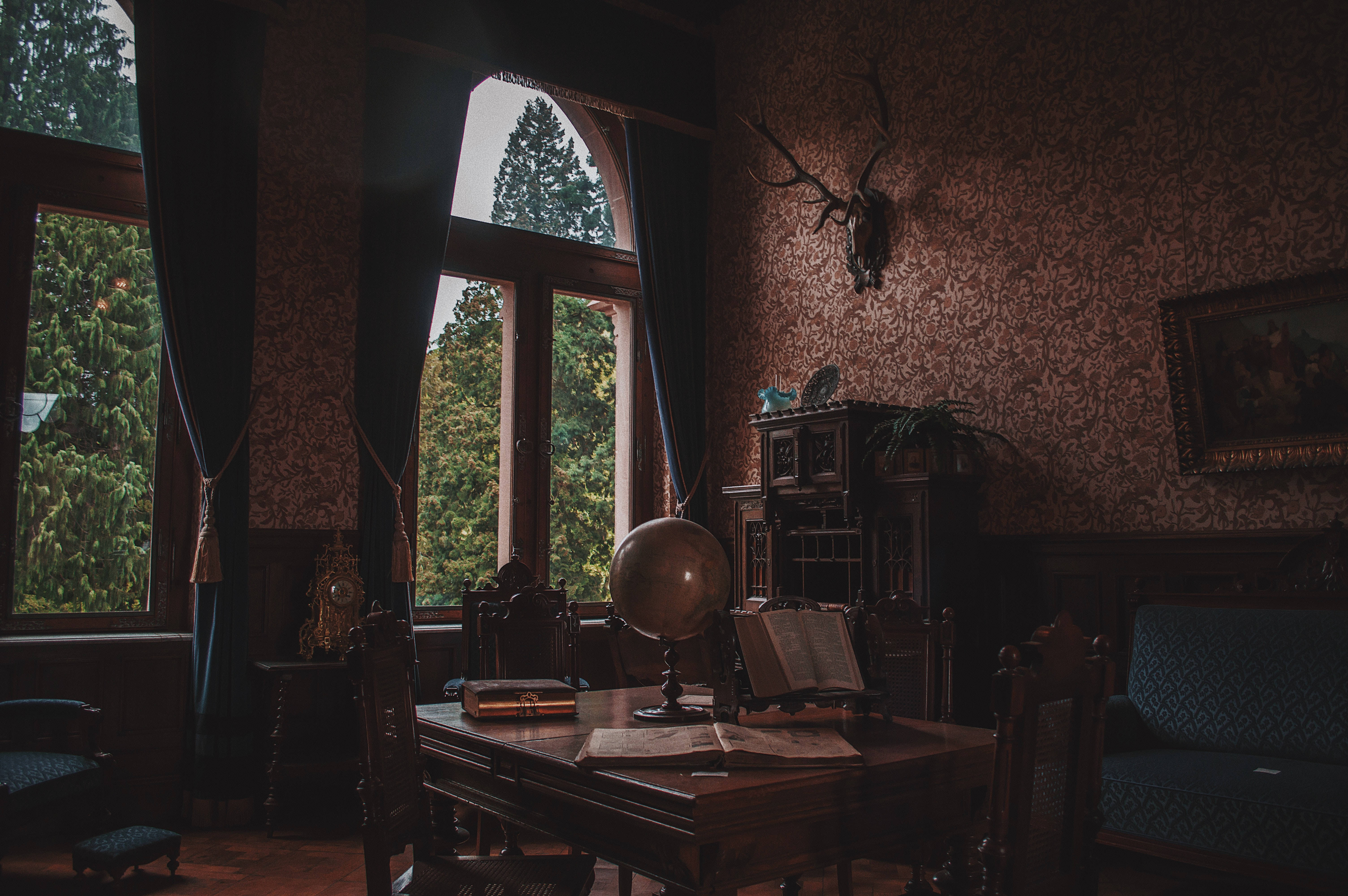 vintage study, ornate wallpaper, globe, 5K Desktop Wallpaper
