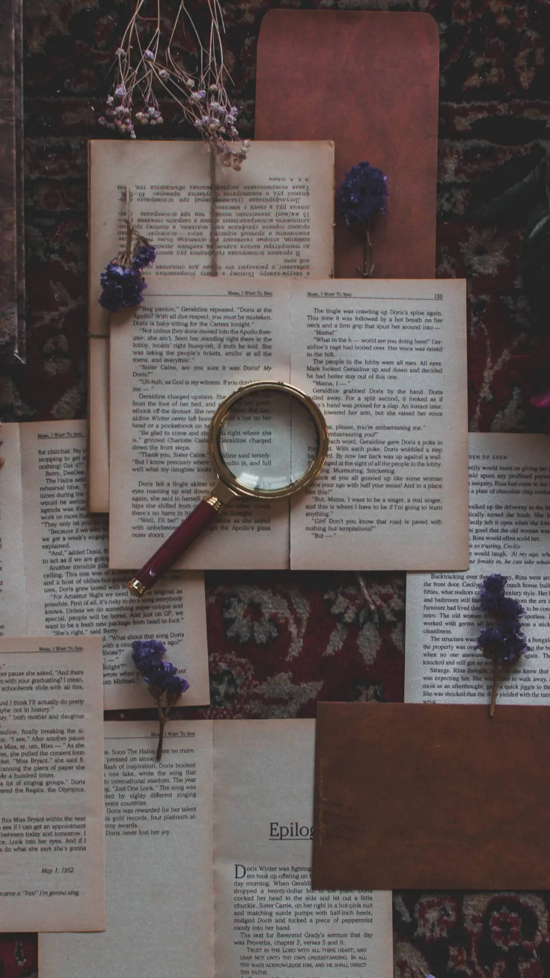 magnifying glass, open book page, strand of pearls, Full HD Phone Wallpaper