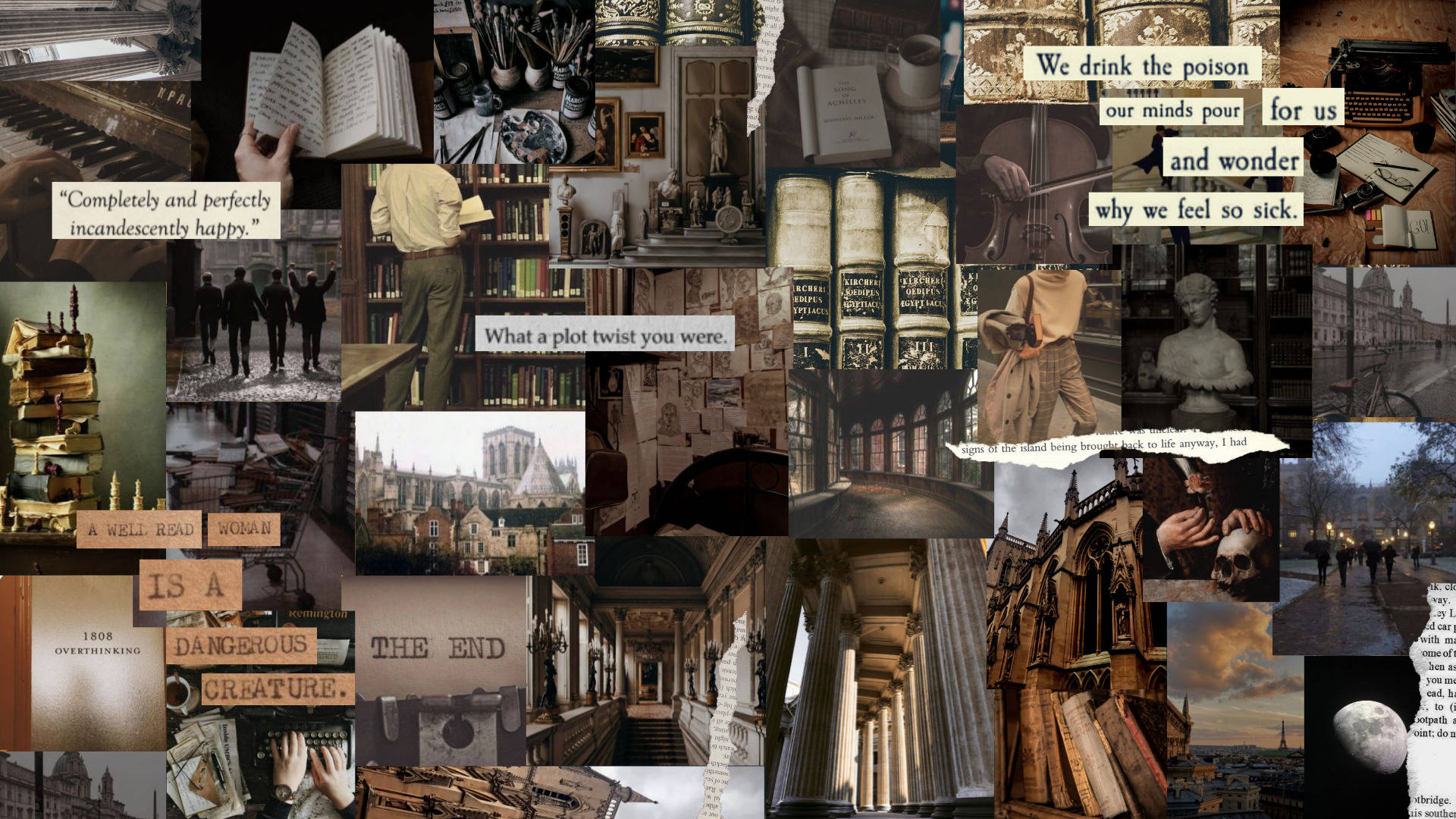Dark Academia, vintage bookshelves, literary quotes, Full HD Desktop Wallpaper